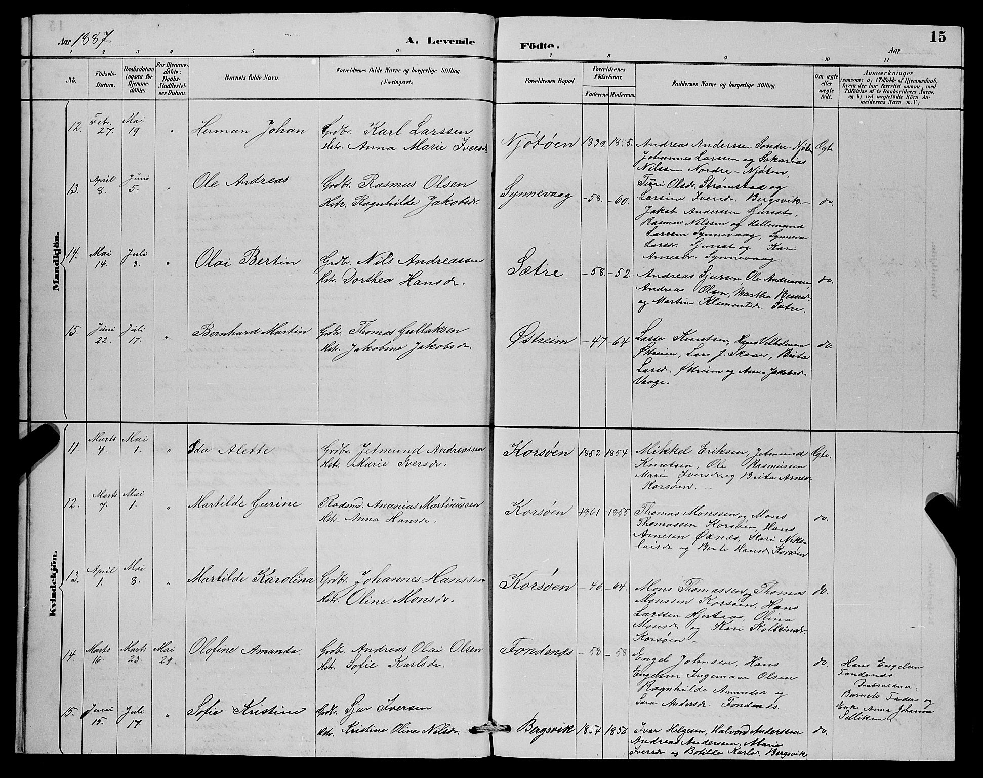 Lindås Sokneprestembete, AV/SAB-A-76701/H/Hab/Habc/L0003: Parish register (copy) no. C 3, 1886-1893, p. 15