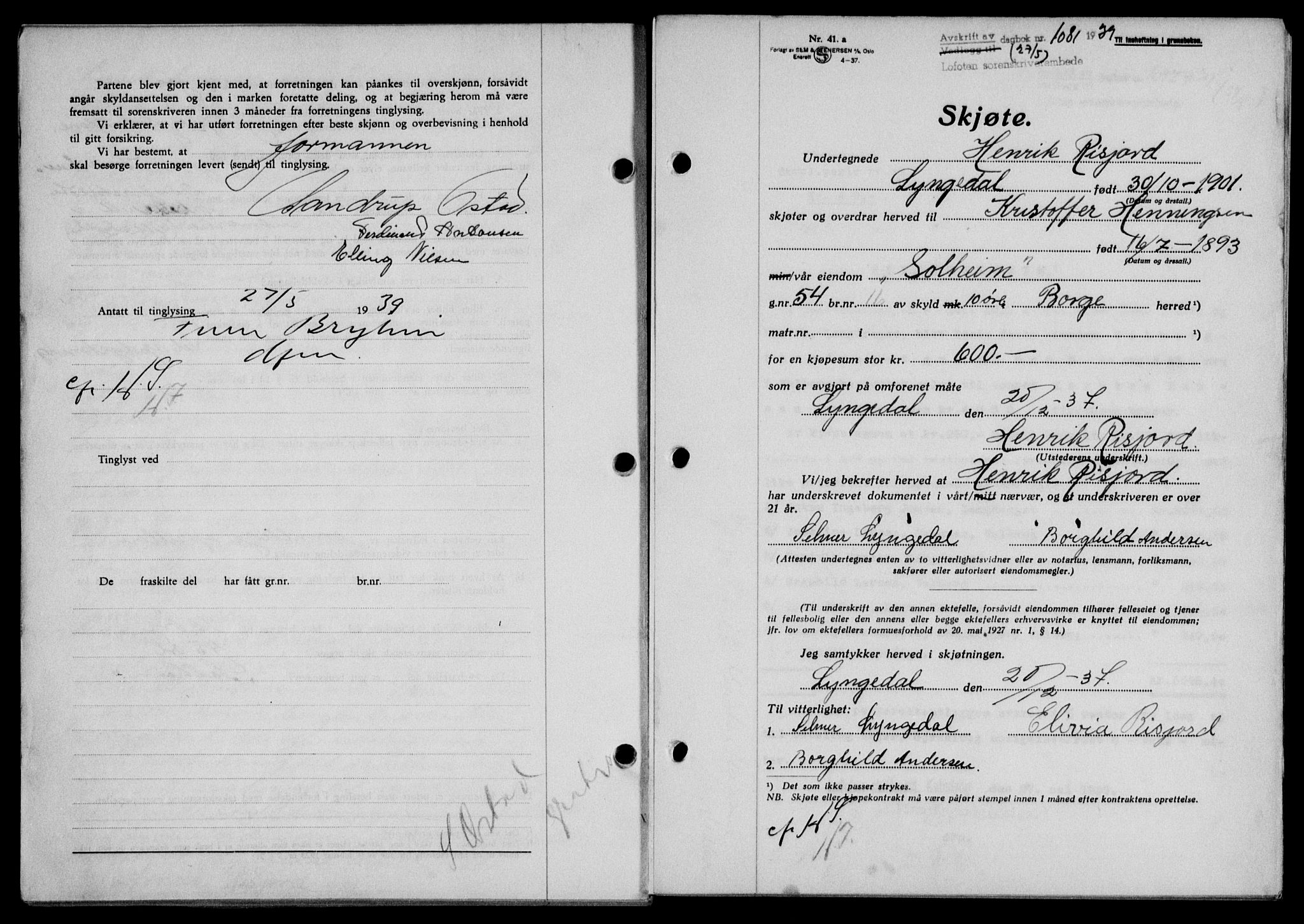 Lofoten sorenskriveri, SAT/A-0017/1/2/2C/L0005a: Mortgage book no. 5a, 1939-1939, Diary no: : 1081/1939