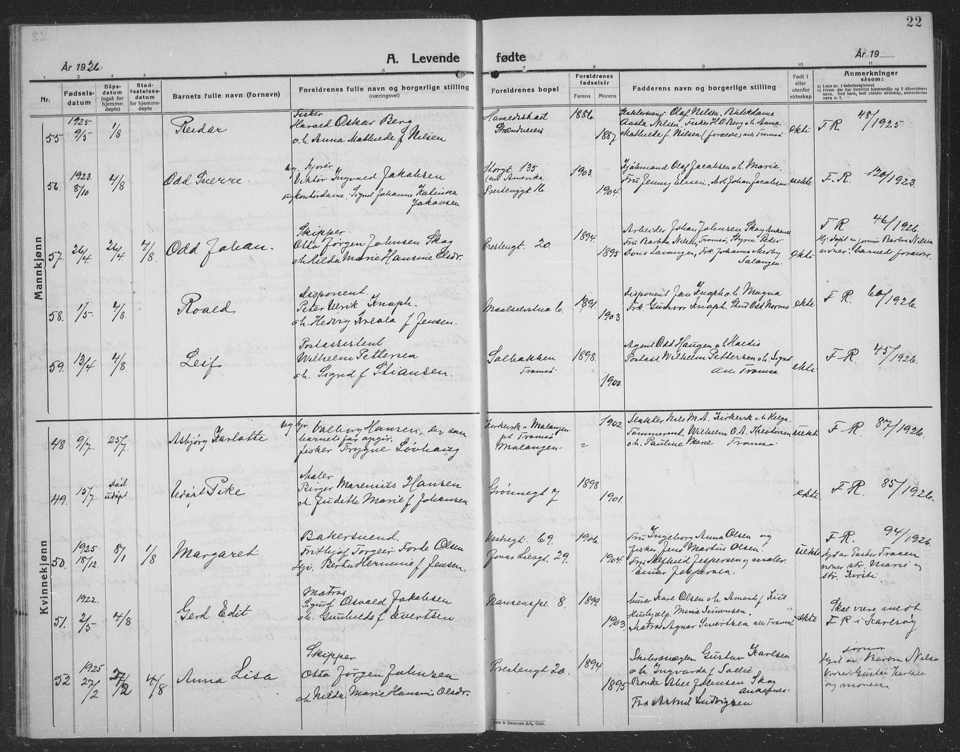Tromsø sokneprestkontor/stiftsprosti/domprosti, SATØ/S-1343/G/Gb/L0010klokker: Parish register (copy) no. 10, 1925-1937, p. 22
