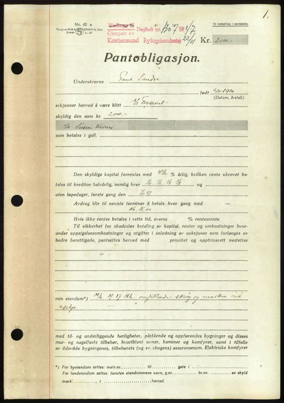 Kristiansund byfogd, AV/SAT-A-4587/A/27: Mortgage book no. 44, 1947-1948, Diary no: : 1307/1947