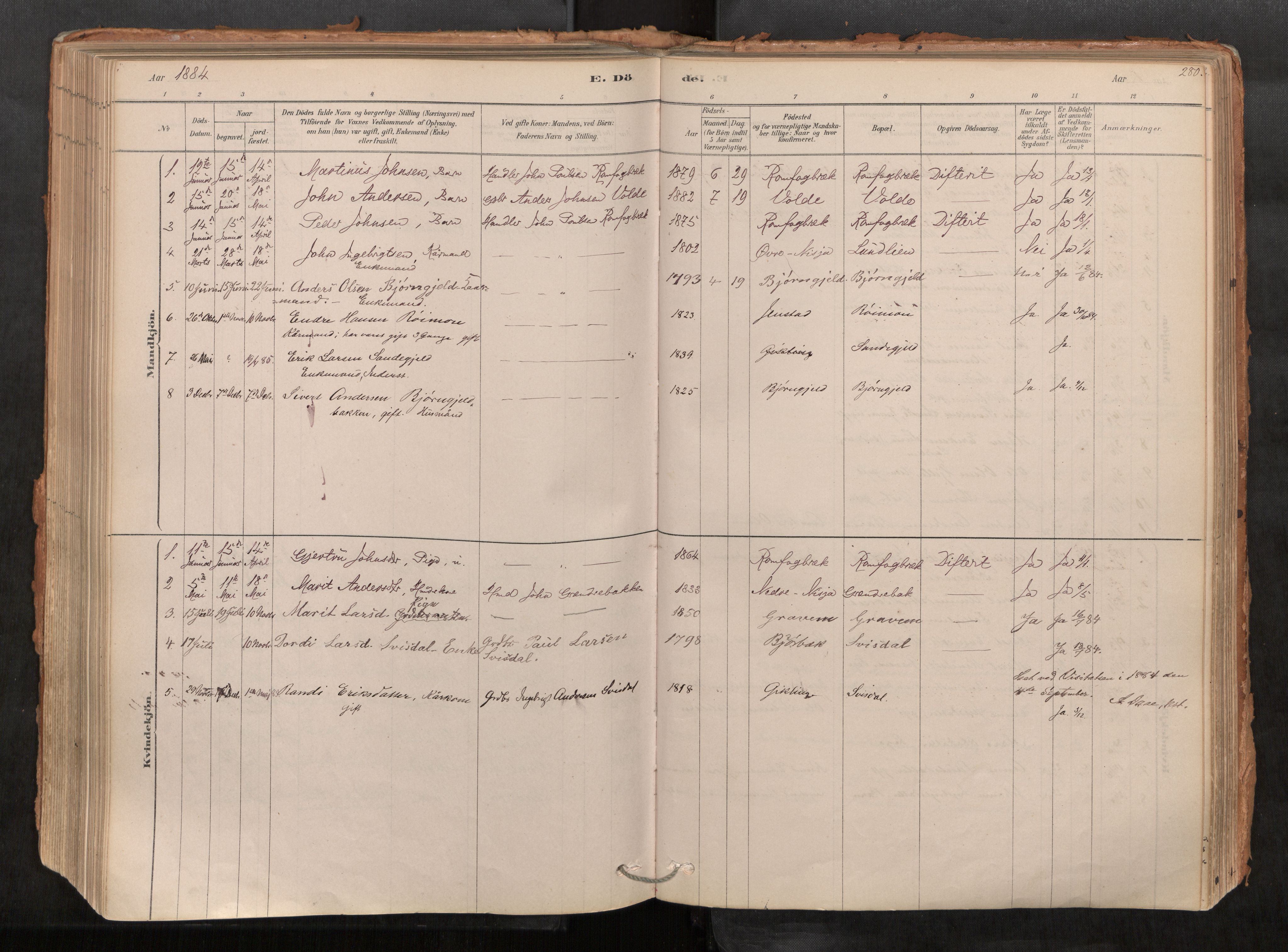 Sunndal sokneprestkontor, AV/SAT-A-1085/1/I/I1/I1a/L0001: Parish register (official) no. 1, 1877-1914, p. 280