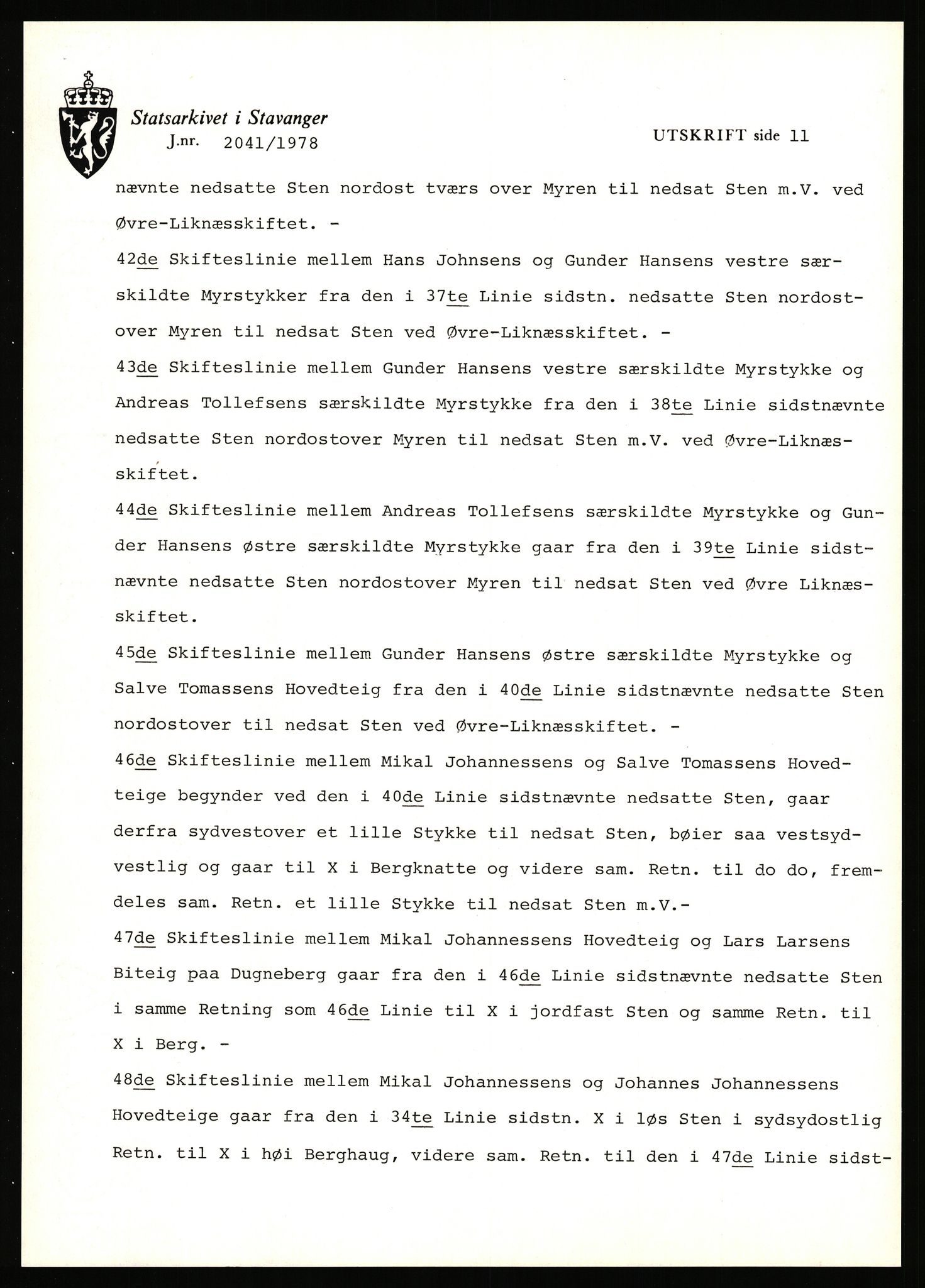 Statsarkivet i Stavanger, AV/SAST-A-101971/03/Y/Yj/L0053: Avskrifter sortert etter gårdsnavn: Leigvam - Liland, 1750-1930, p. 515