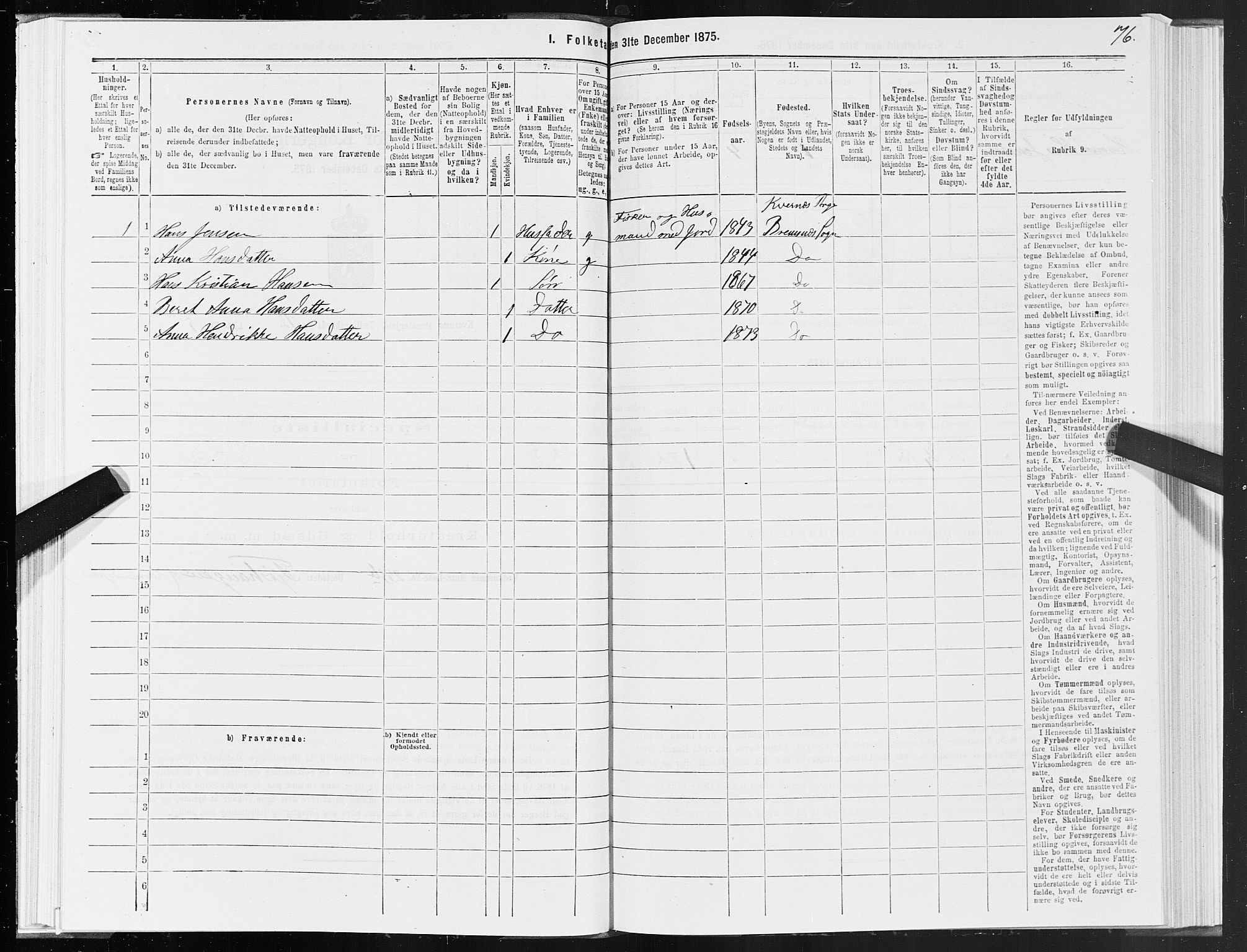 SAT, 1875 census for 1553P Kvernes, 1875, p. 6076