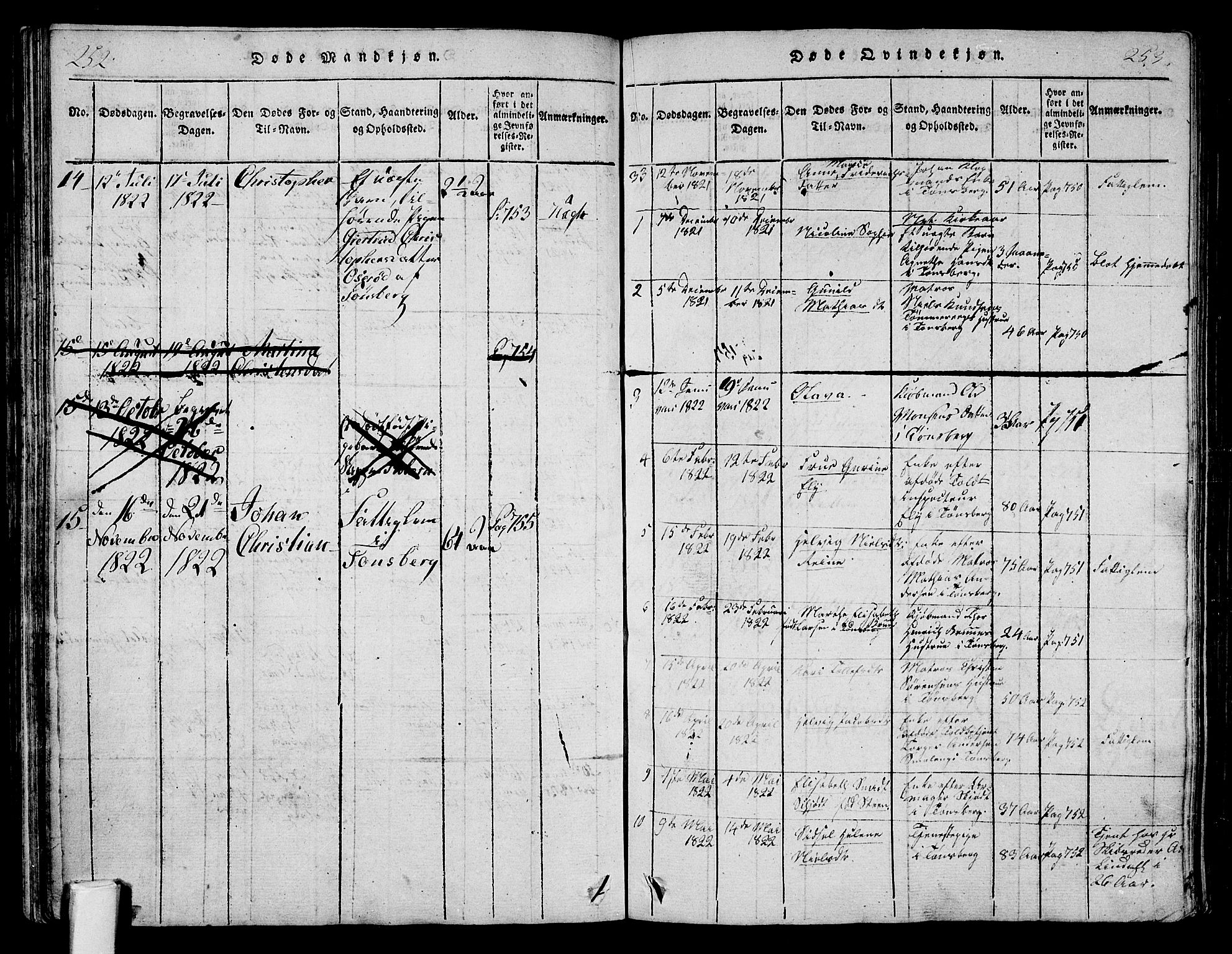 Tønsberg kirkebøker, AV/SAKO-A-330/F/Fa/L0004: Parish register (official) no. I 4, 1813-1826, p. 252-253