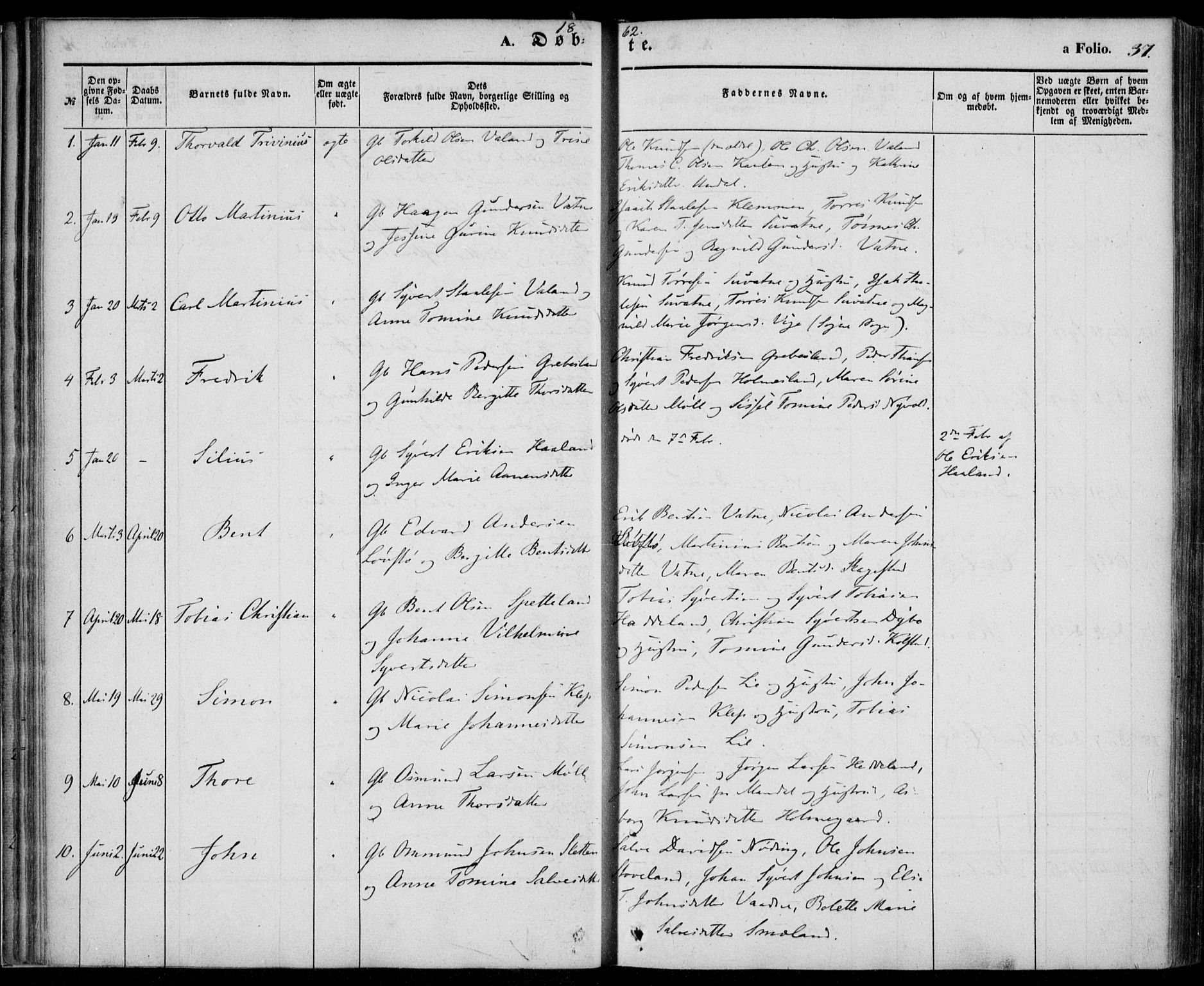 Holum sokneprestkontor, AV/SAK-1111-0022/F/Fa/Faa/L0005: Parish register (official) no. A 5, 1850-1864, p. 37