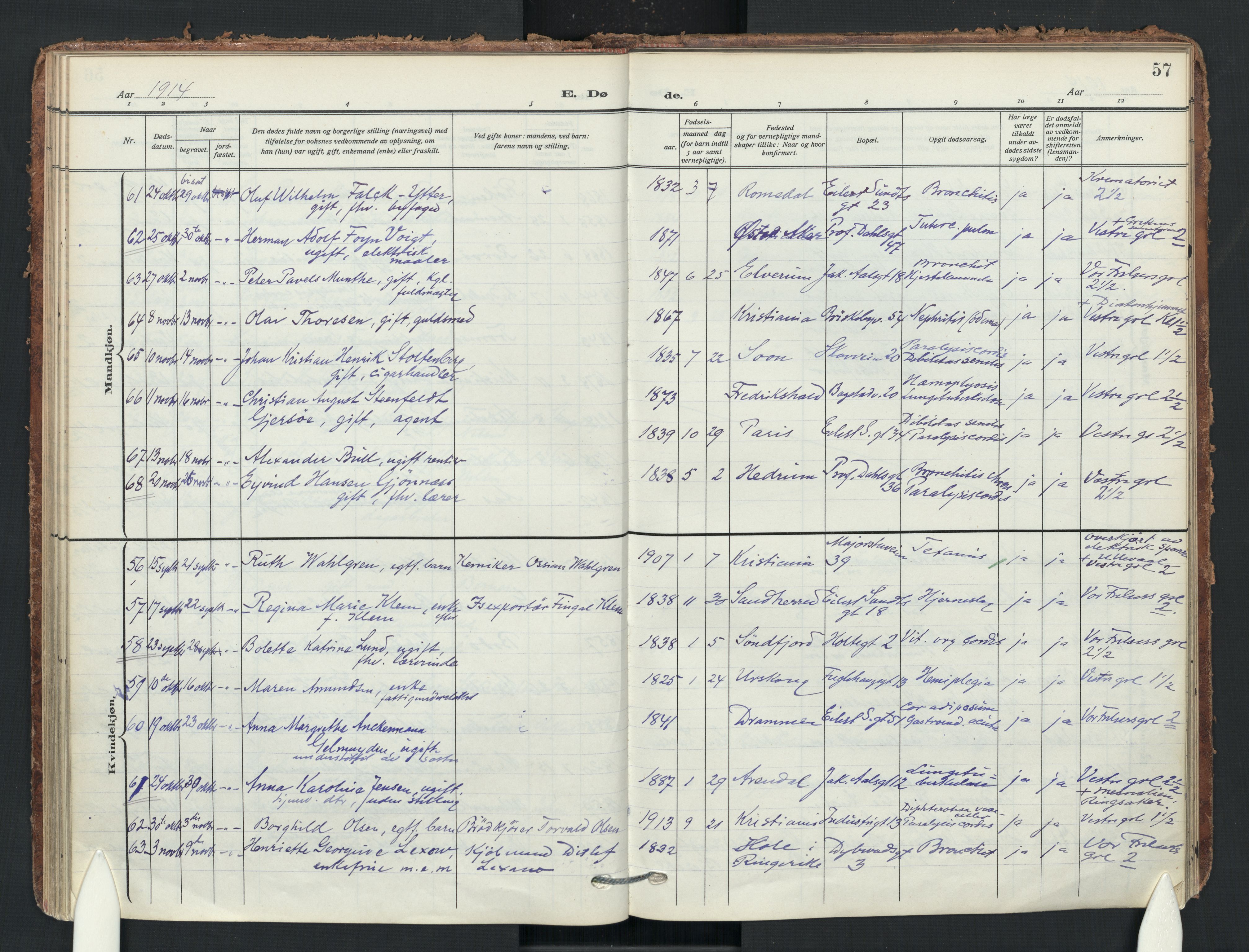 Uranienborg prestekontor Kirkebøker, AV/SAO-A-10877/F/Fa/L0011: Parish register (official) no. 11, 1909-1926, p. 57