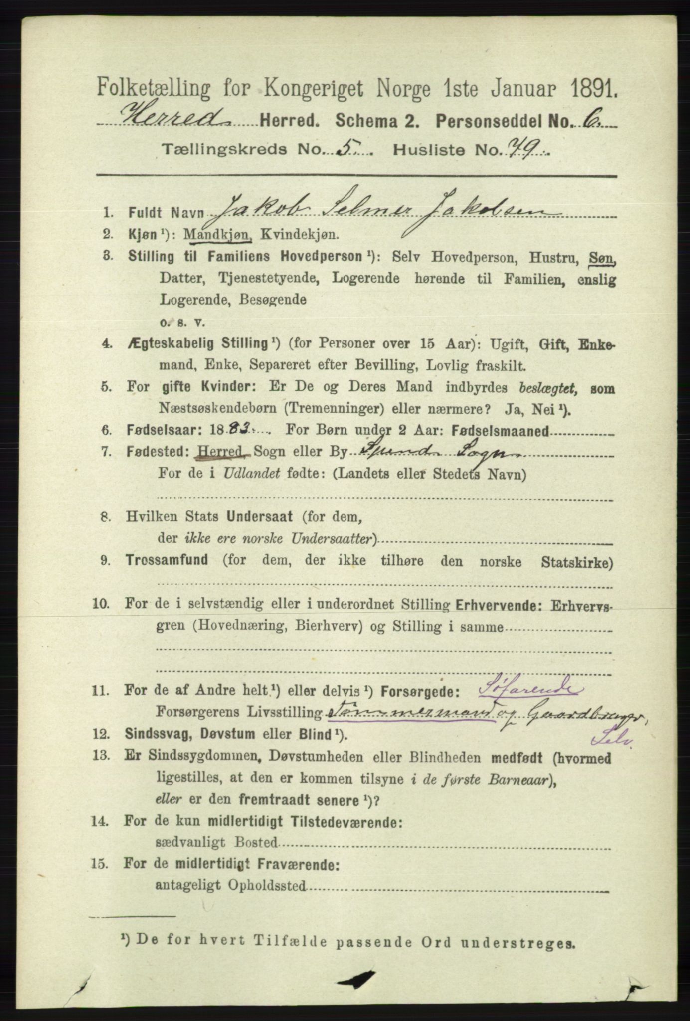 RA, 1891 census for 1039 Herad, 1891, p. 2223