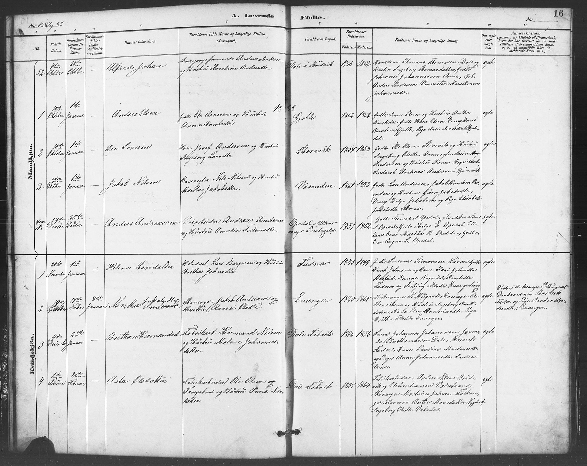 Evanger sokneprestembete, AV/SAB-A-99924: Parish register (copy) no. A 4, 1887-1897, p. 16