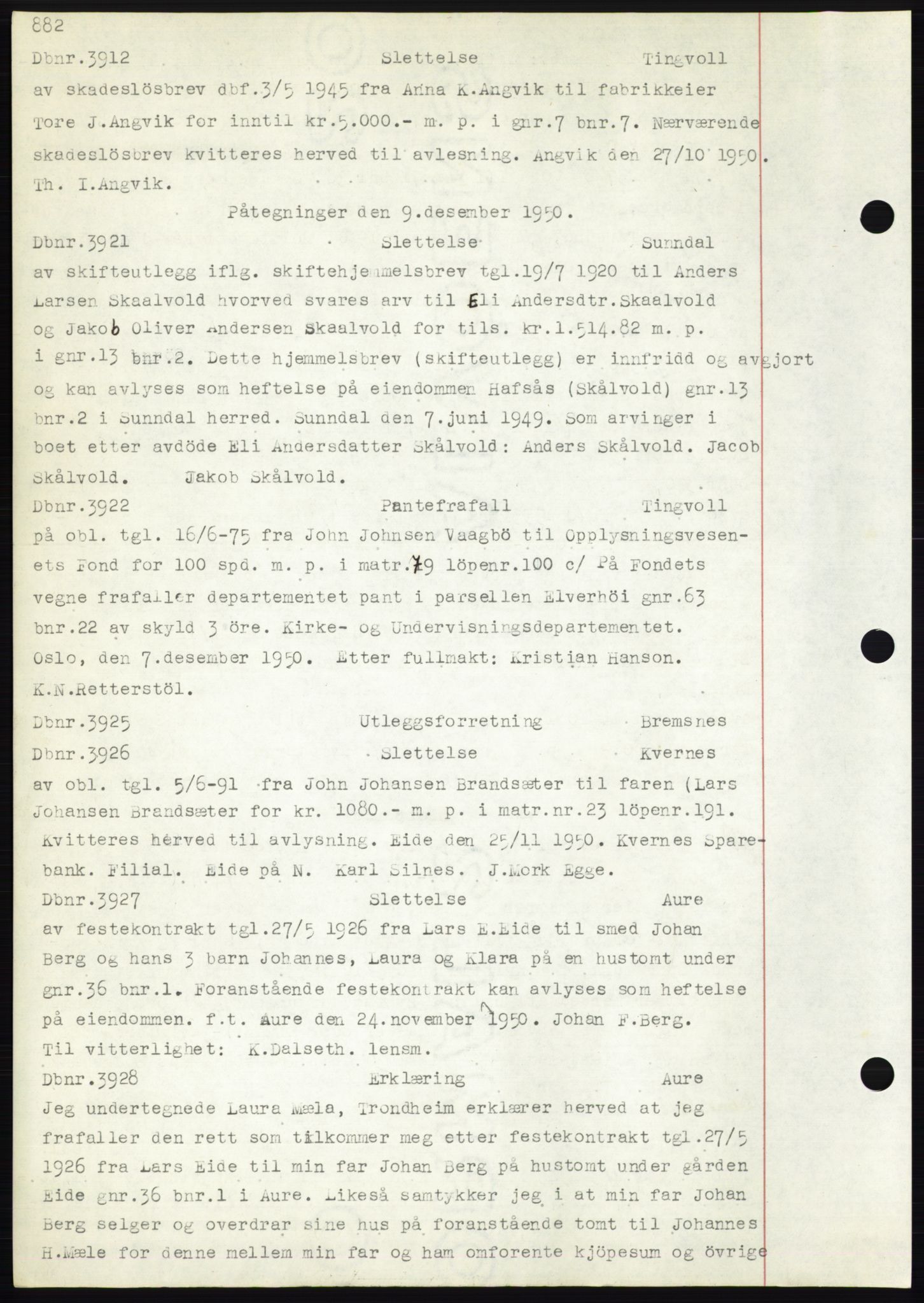 Nordmøre sorenskriveri, SAT/A-4132/1/2/2Ca: Mortgage book no. C82b, 1946-1951, Diary no: : 3912/1950