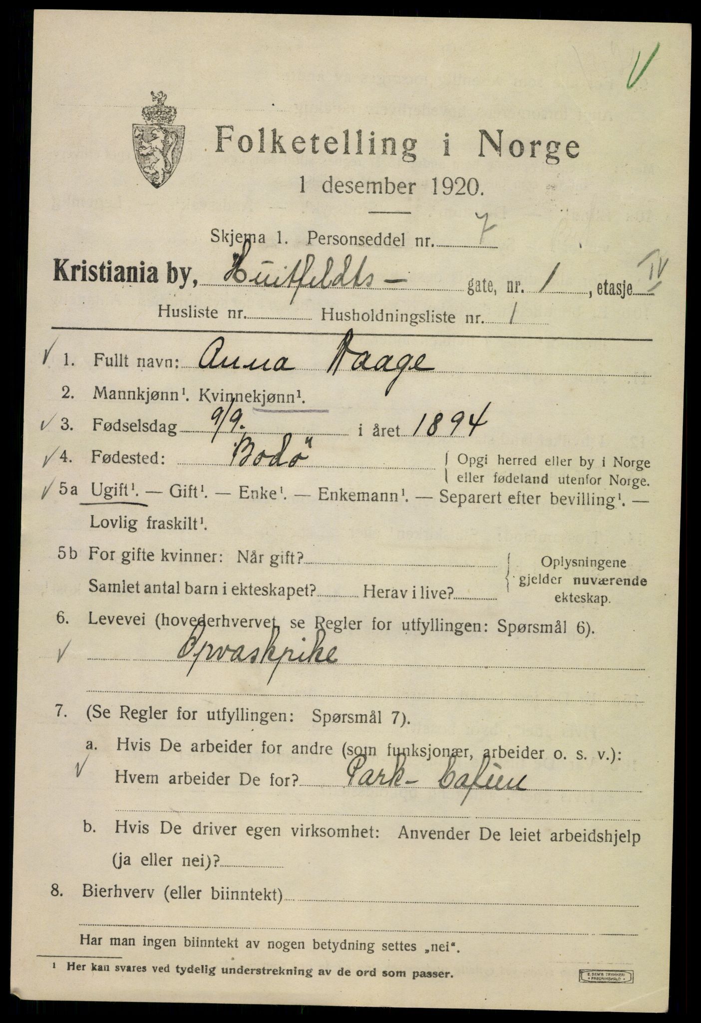 SAO, 1920 census for Kristiania, 1920, p. 299343