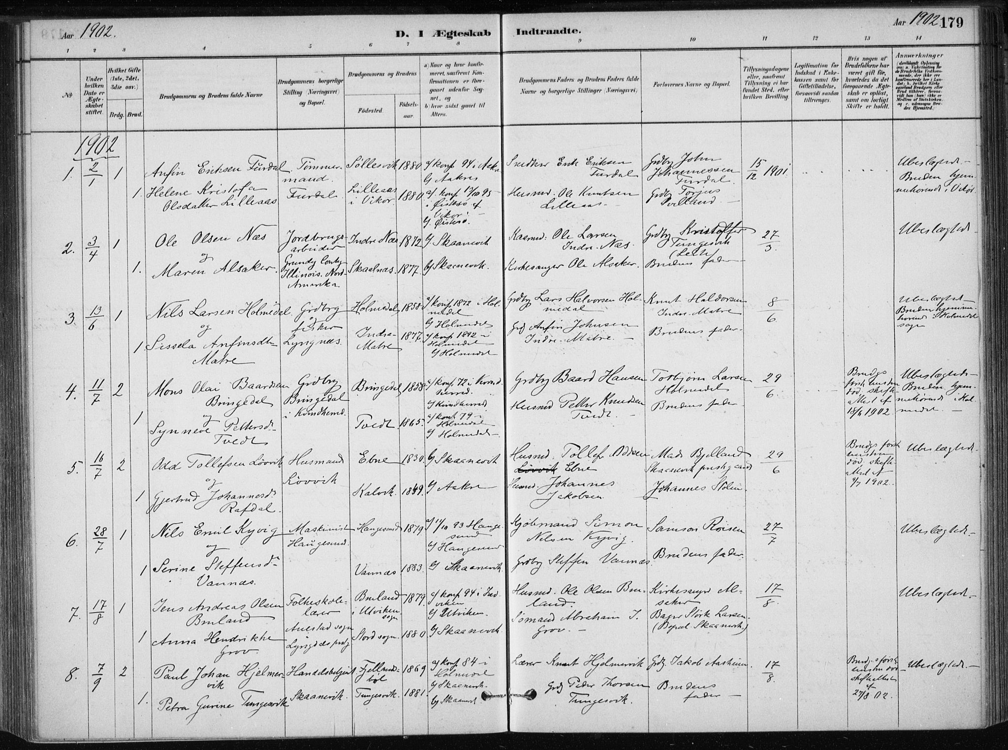 Skånevik sokneprestembete, AV/SAB-A-77801/H/Haa: Parish register (official) no. B 1, 1879-1914, p. 179