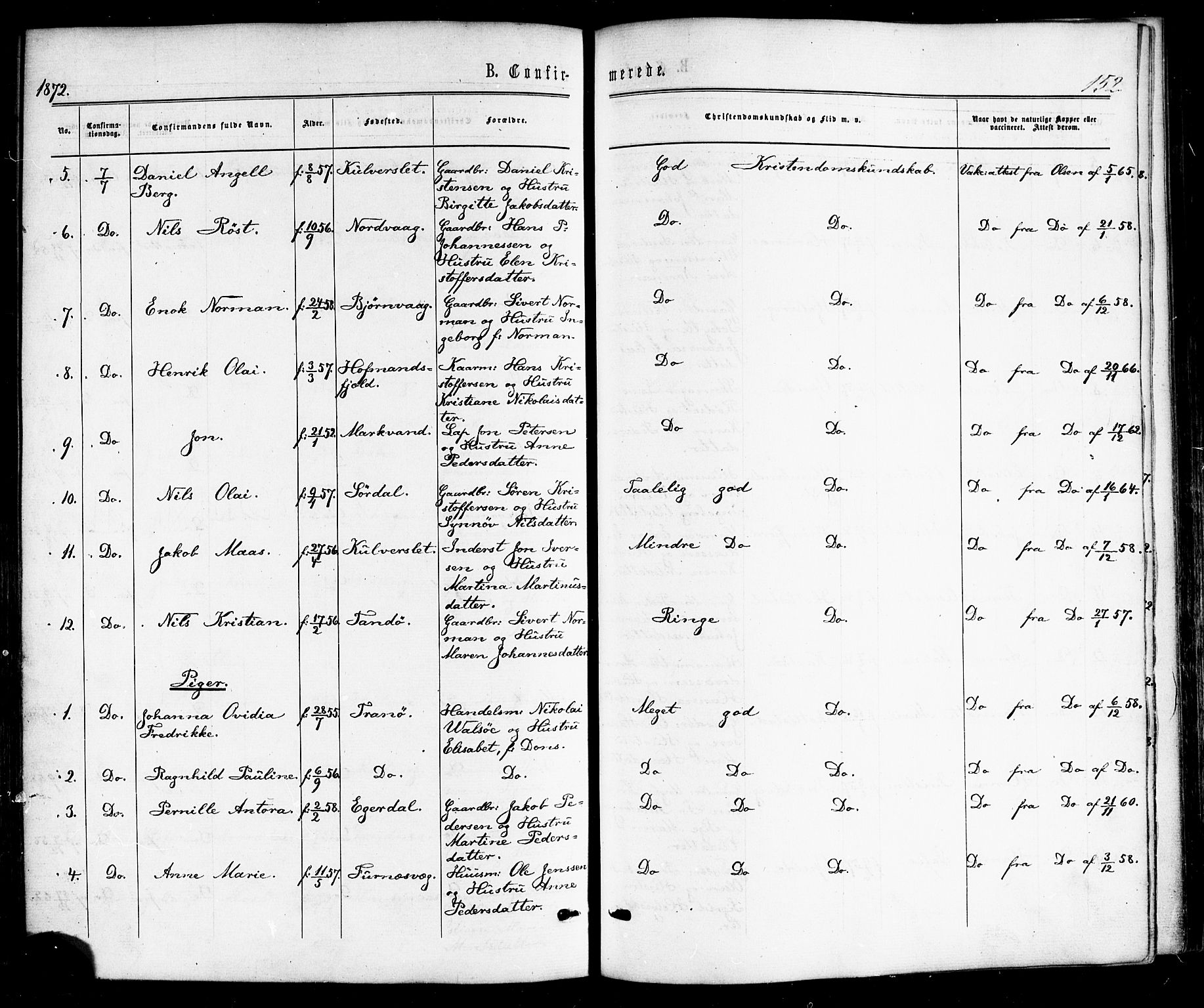 Ministerialprotokoller, klokkerbøker og fødselsregistre - Nordland, AV/SAT-A-1459/859/L0845: Parish register (official) no. 859A05, 1863-1877, p. 152