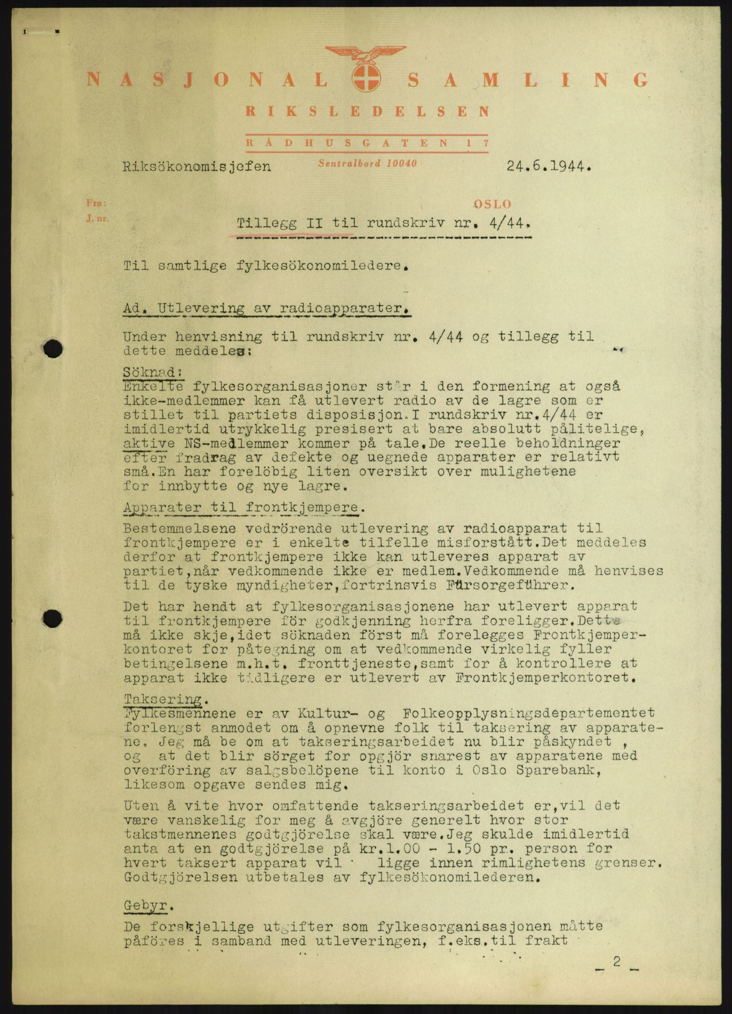 Norsk rikskringkasting, Hans Fredrik Dahls samling, AV/RA-S-4895/D/Db/L0003/0006: -- / Rett til radiomottaker - etter beslagleggelse, 1944