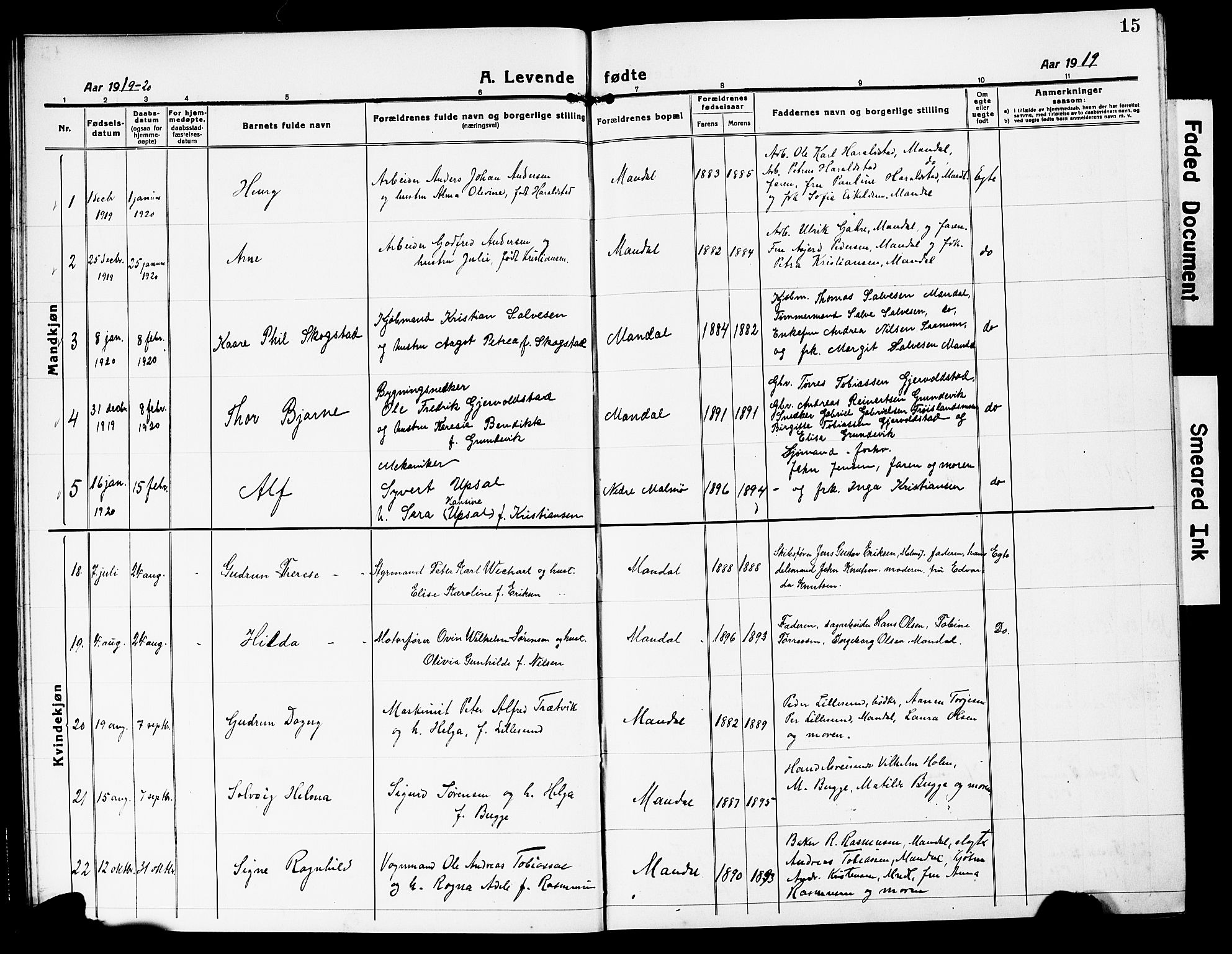 Mandal sokneprestkontor, AV/SAK-1111-0030/F/Fb/Fbc/L0001: Parish register (copy) no. B 1, 1918-1931, p. 15