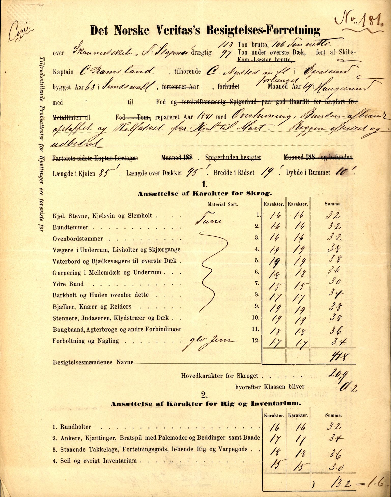 Pa 63 - Østlandske skibsassuranceforening, VEMU/A-1079/G/Ga/L0015/0012: Havaridokumenter / Vaar, Stapnæs, Tillid, Uller, Ternen, 1882, p. 43