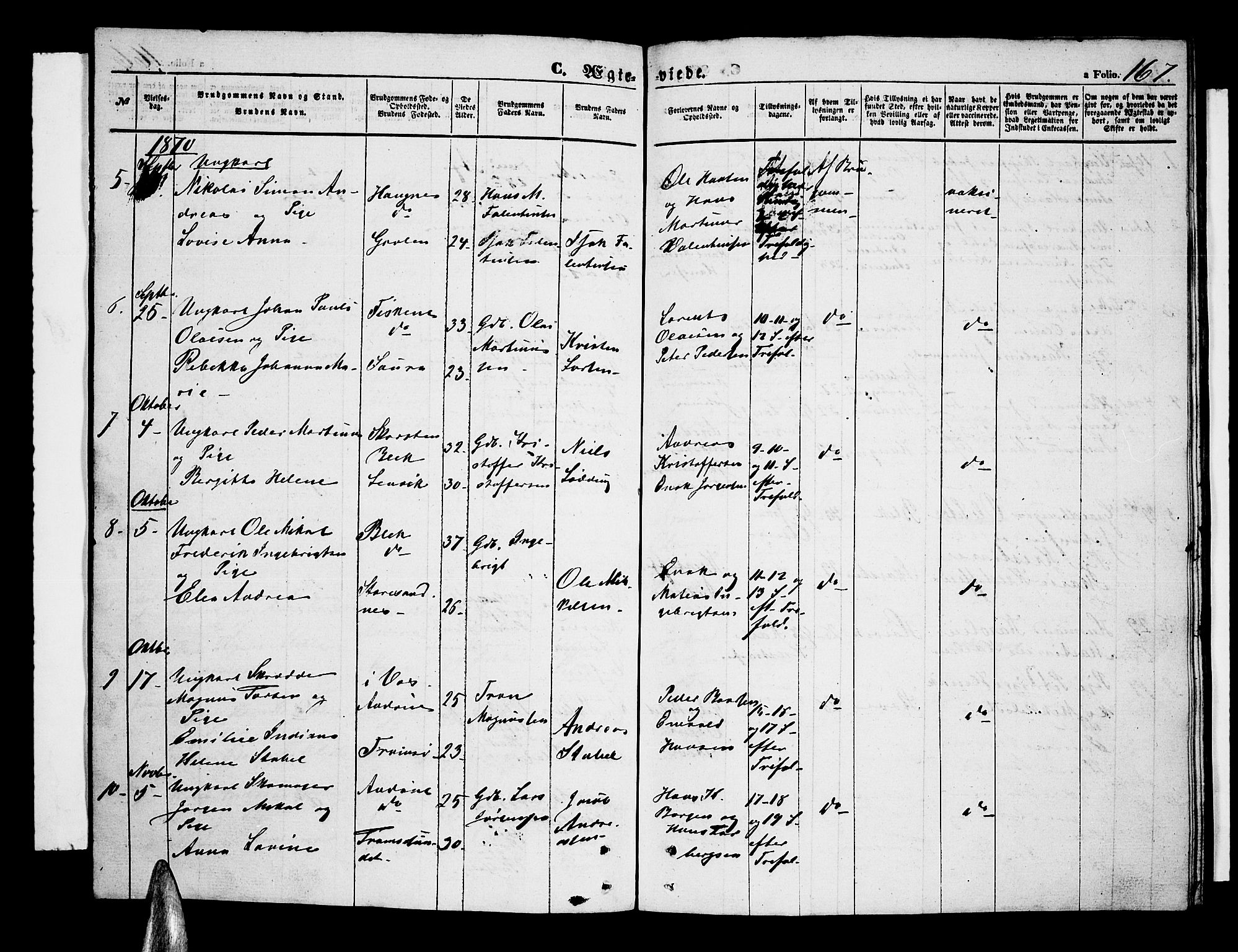 Ministerialprotokoller, klokkerbøker og fødselsregistre - Nordland, SAT/A-1459/899/L1447: Parish register (copy) no. 899C02, 1855-1886, p. 167