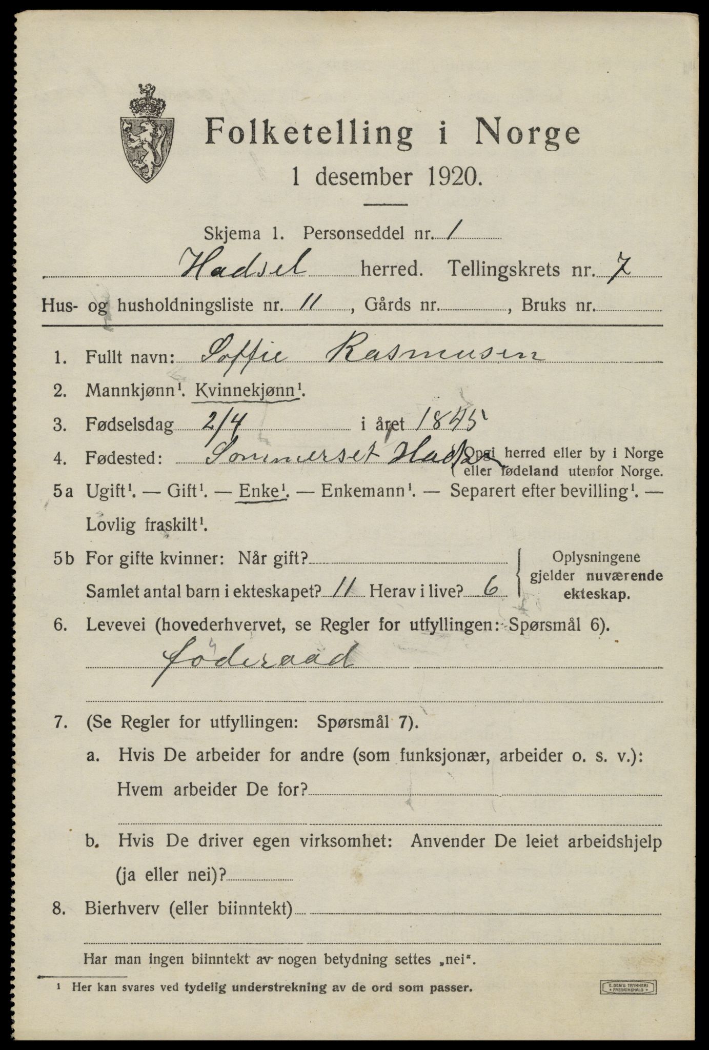 SAT, 1920 census for Hadsel, 1920, p. 7004