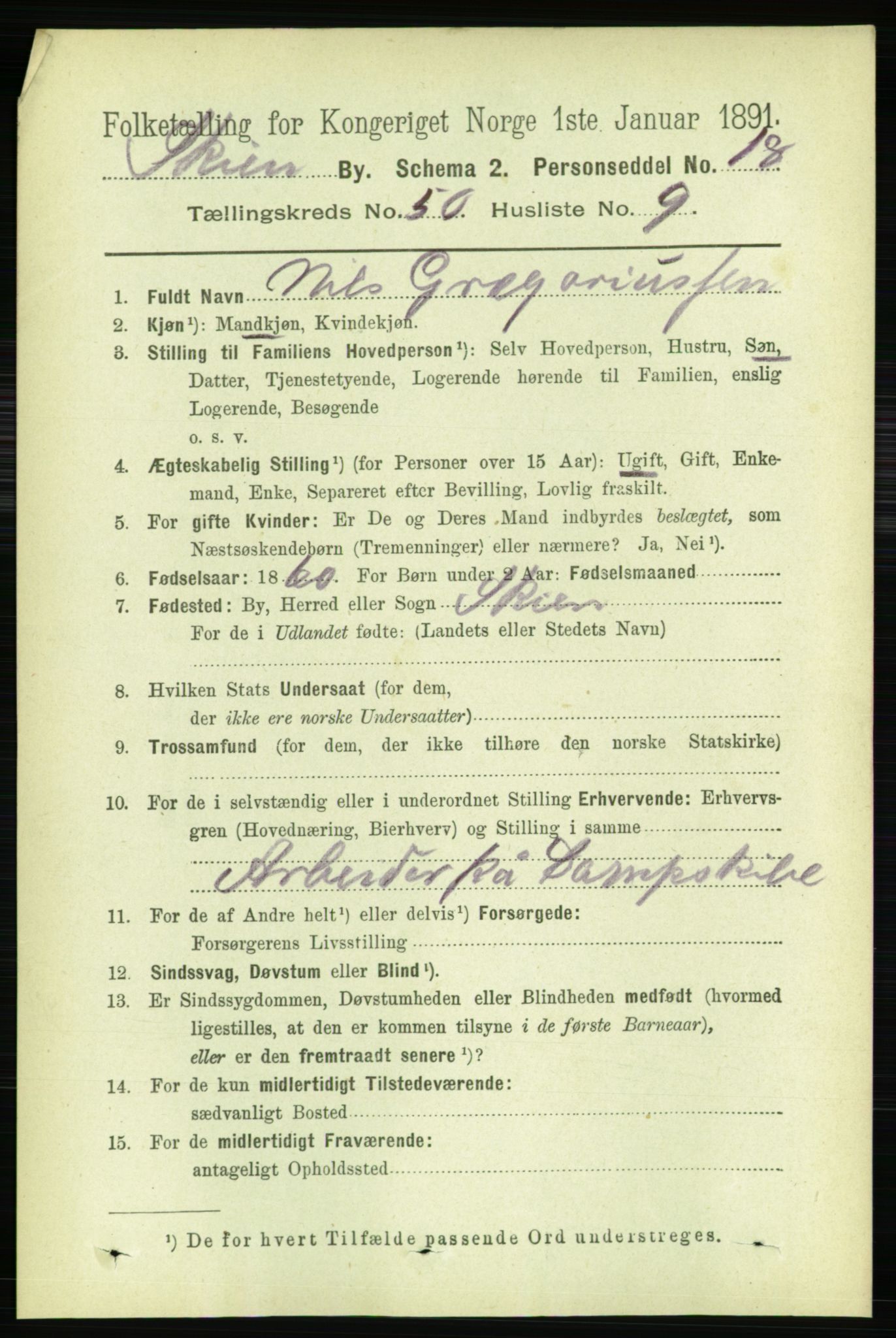 RA, 1891 census for 0806 Skien, 1891, p. 10846