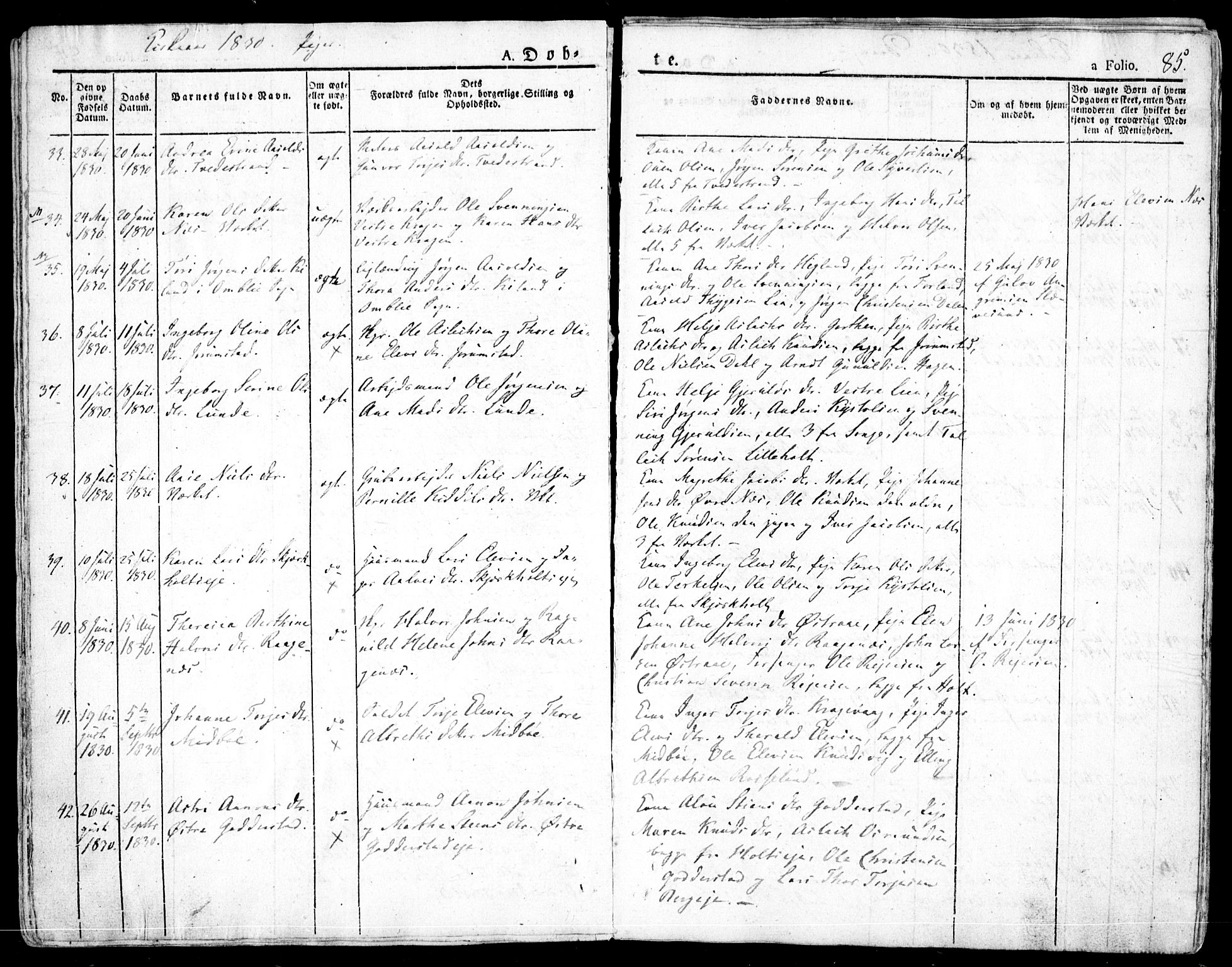 Holt sokneprestkontor, AV/SAK-1111-0021/F/Fa/L0006: Parish register (official) no. A 6, 1820-1835, p. 85