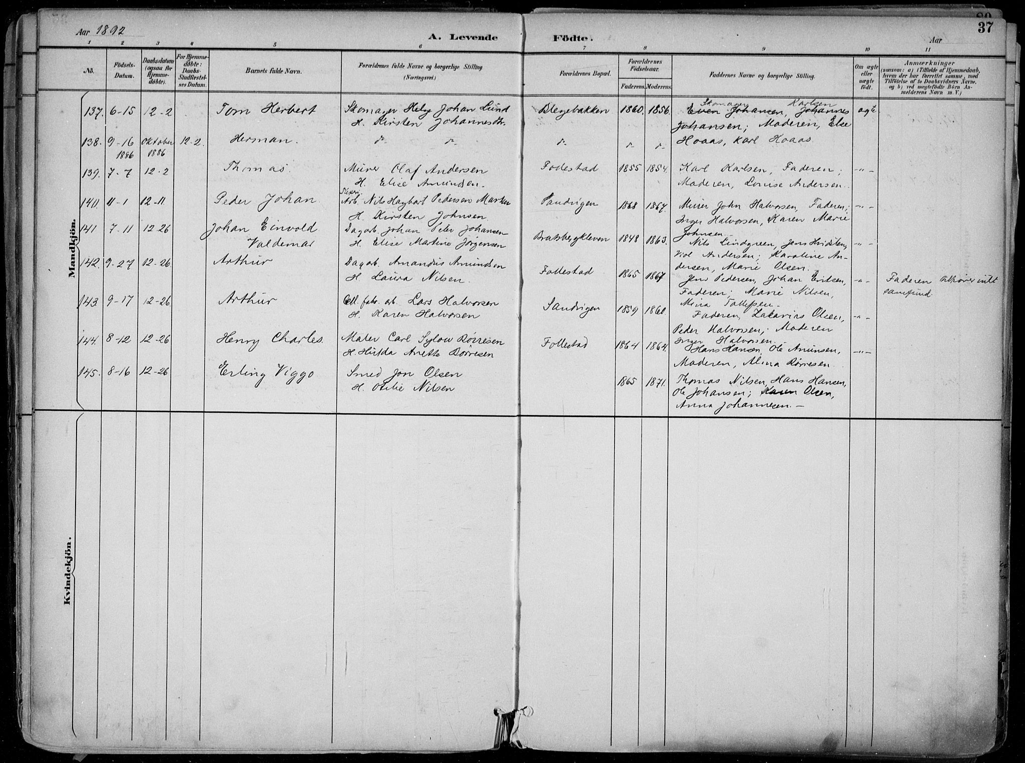 Skien kirkebøker, AV/SAKO-A-302/F/Fa/L0010: Parish register (official) no. 10, 1891-1899, p. 37