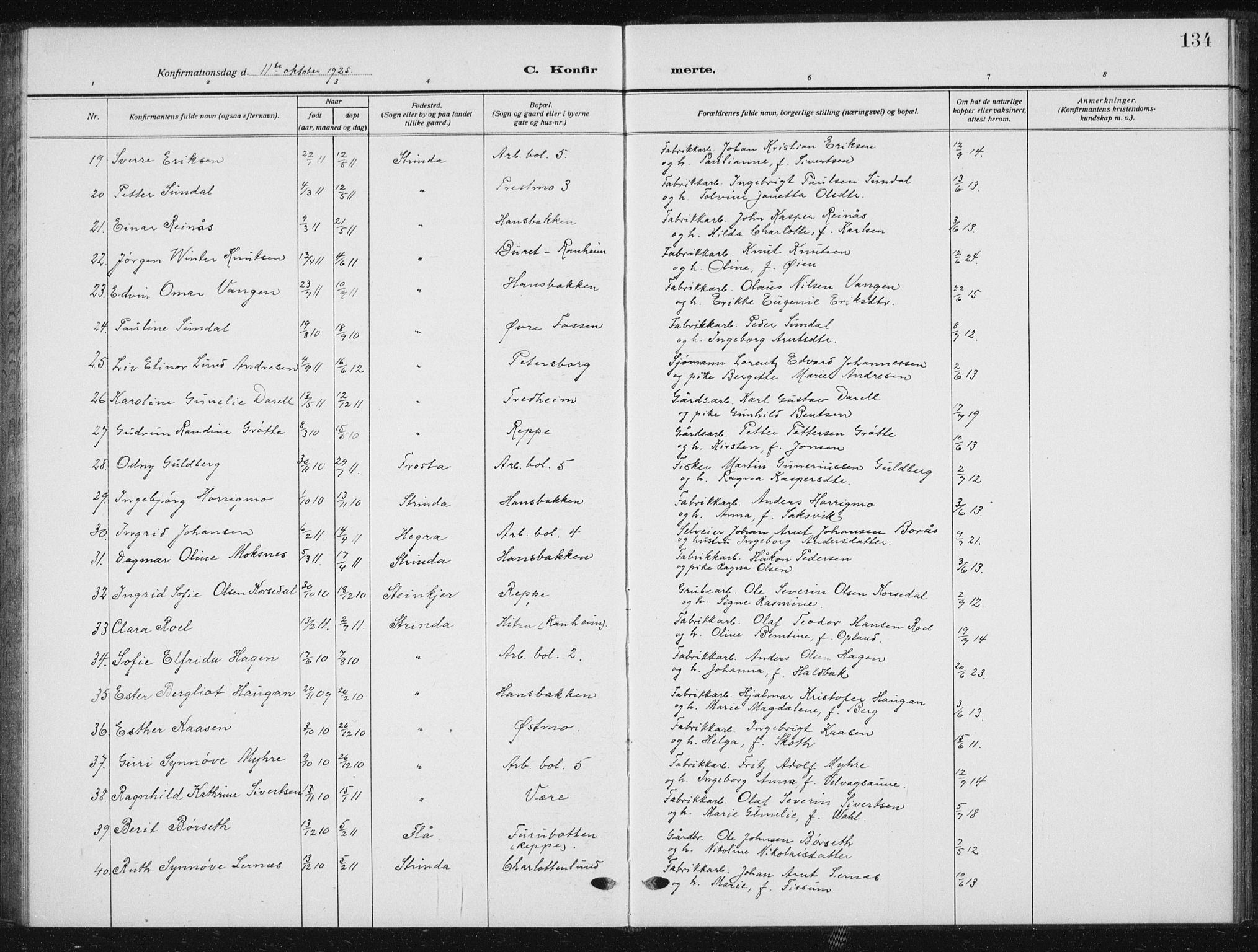 Ministerialprotokoller, klokkerbøker og fødselsregistre - Sør-Trøndelag, SAT/A-1456/615/L0401: Parish register (copy) no. 615C02, 1922-1941, p. 134