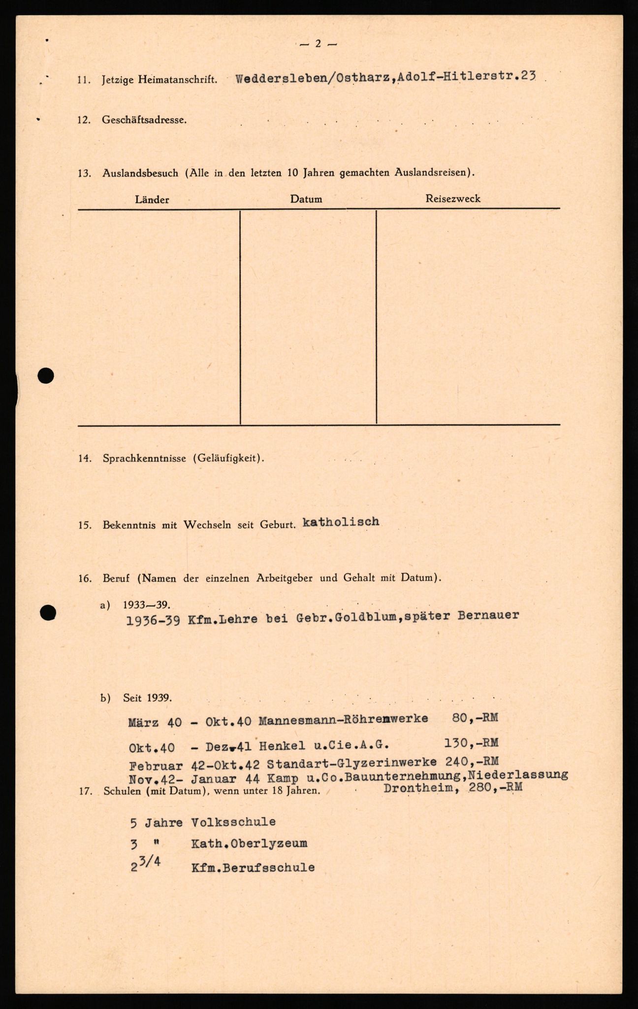 Forsvaret, Forsvarets overkommando II, AV/RA-RAFA-3915/D/Db/L0027: CI Questionaires. Tyske okkupasjonsstyrker i Norge. Tyskere., 1945-1946, p. 20