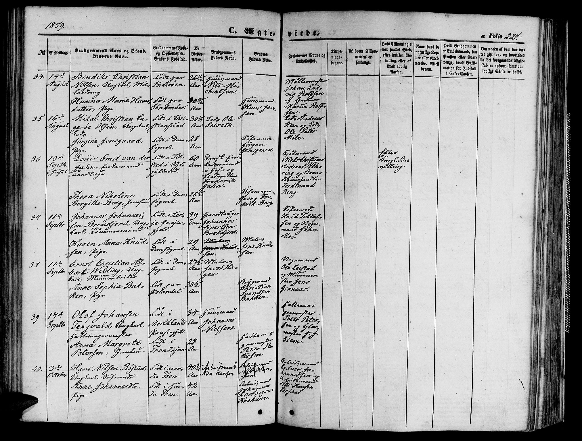Ministerialprotokoller, klokkerbøker og fødselsregistre - Sør-Trøndelag, SAT/A-1456/602/L0139: Parish register (copy) no. 602C07, 1859-1864, p. 224