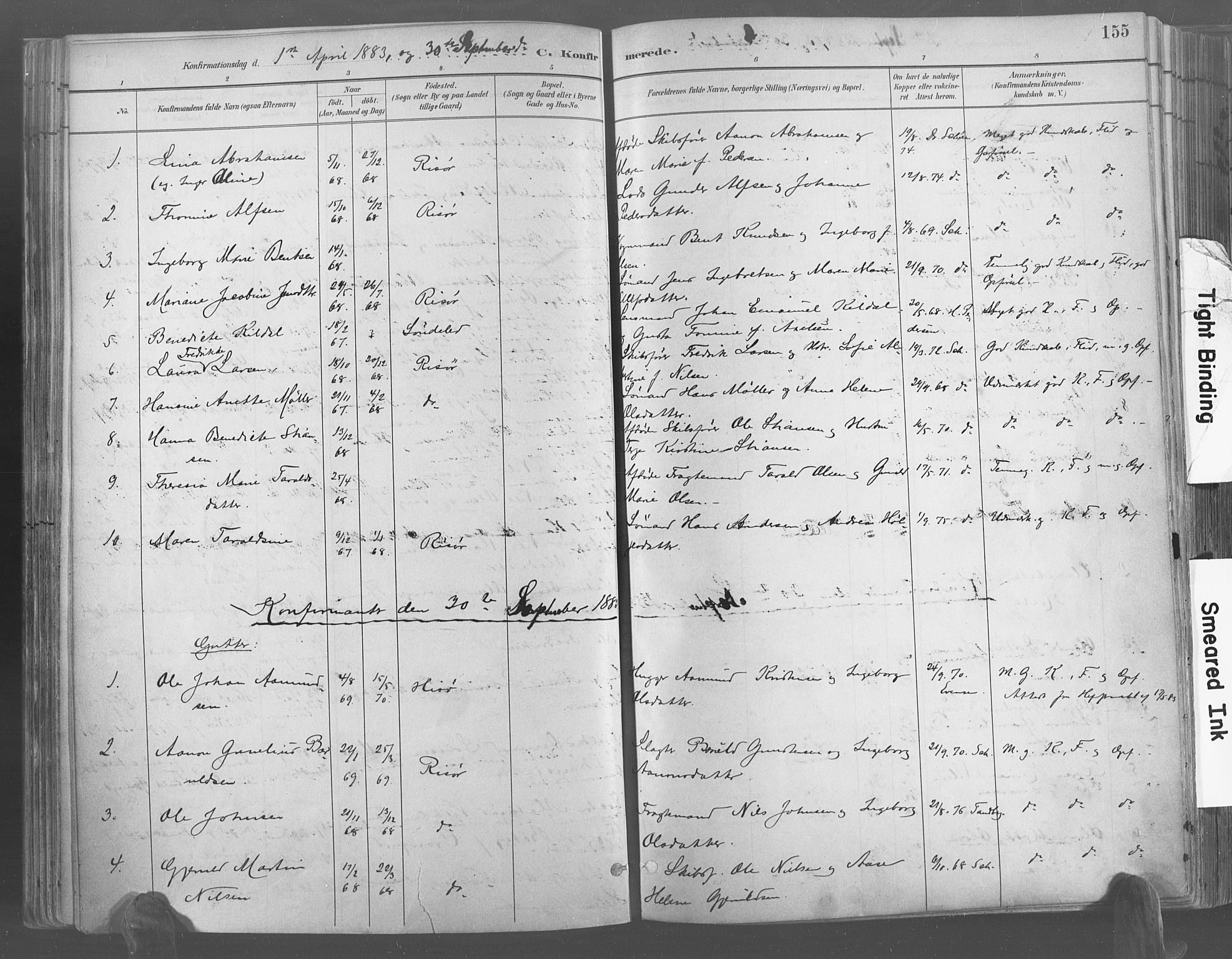 Risør sokneprestkontor, AV/SAK-1111-0035/F/Fa/L0005: Parish register (official) no. A 5, 1883-1895, p. 155