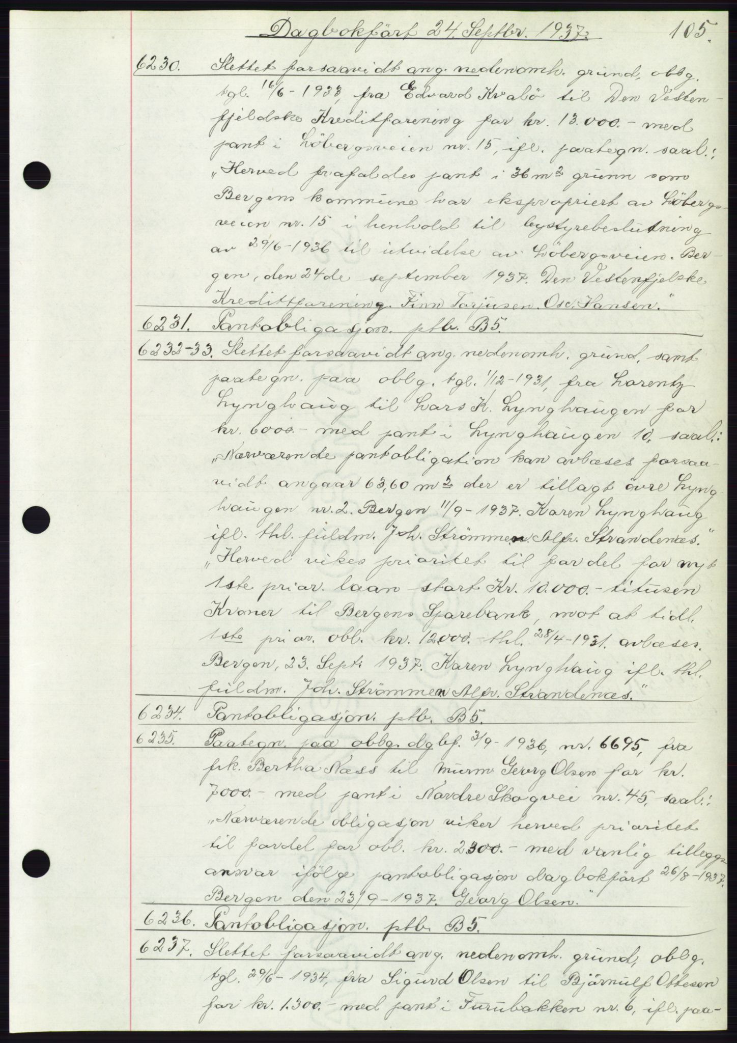 Byfogd og Byskriver i Bergen, AV/SAB-A-3401/03: Mortgage book no. C 5, 1937-1937, Diary no: : 6230/1937