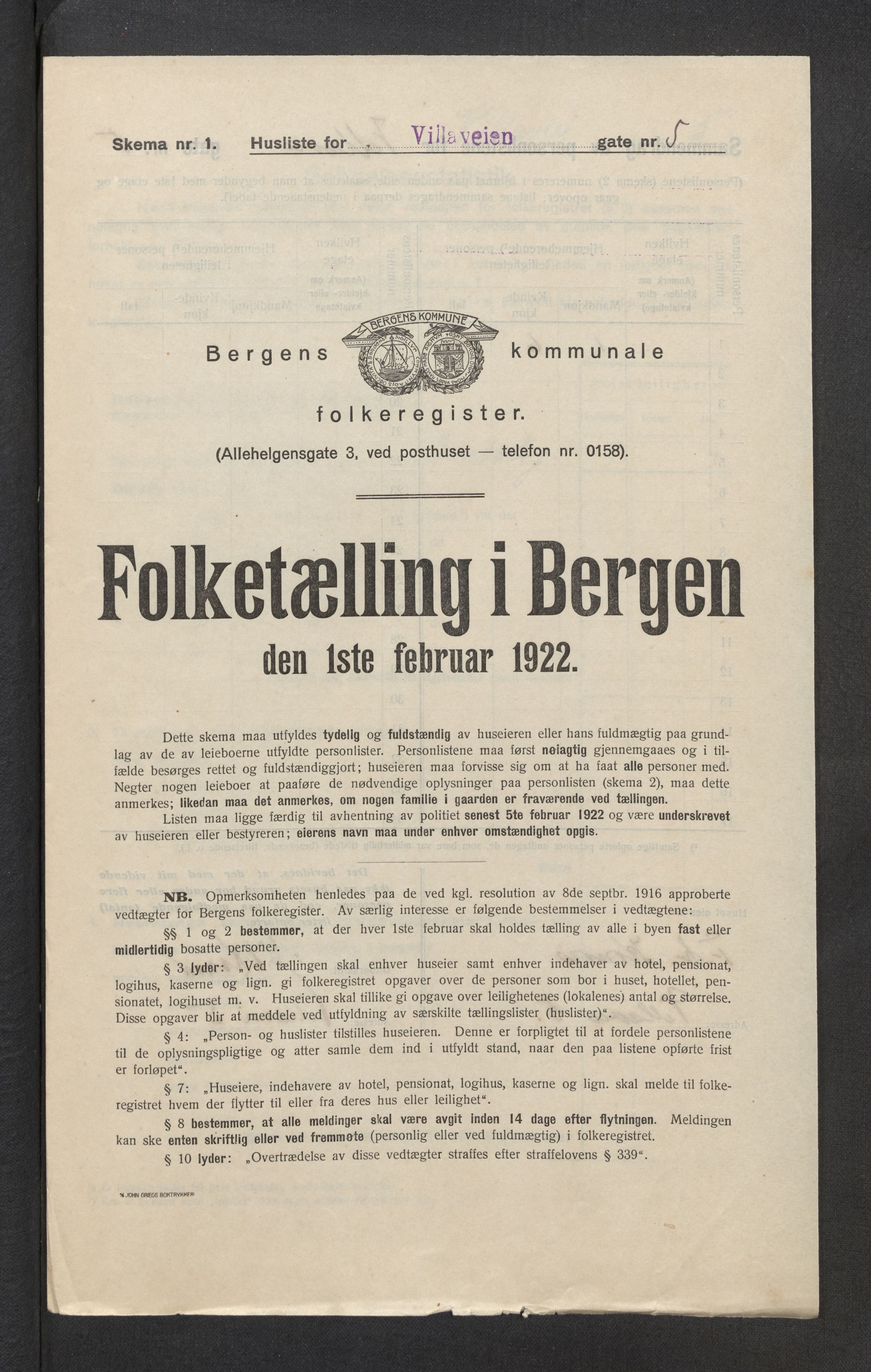 SAB, Municipal Census 1922 for Bergen, 1922, p. 46405