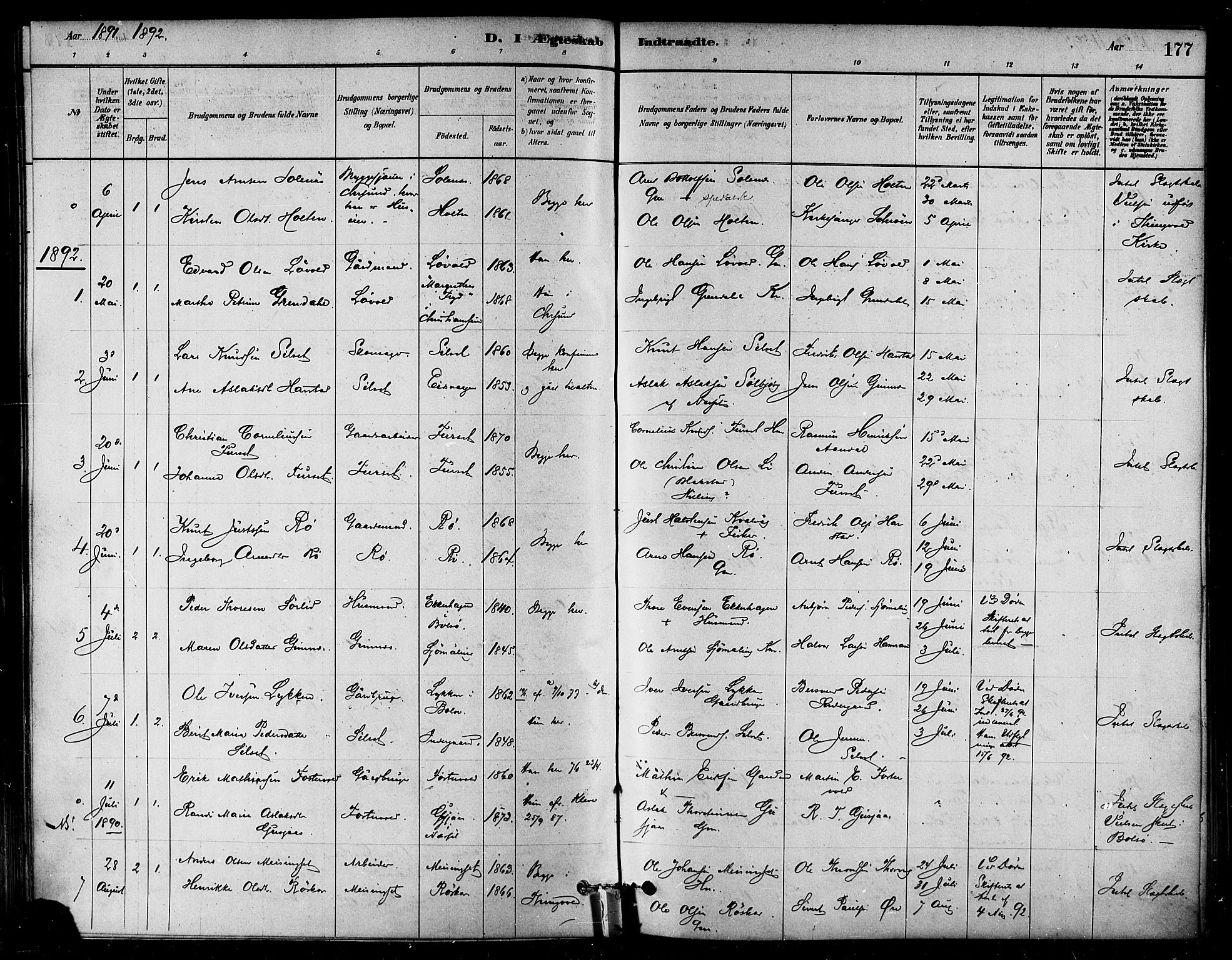 Ministerialprotokoller, klokkerbøker og fødselsregistre - Møre og Romsdal, SAT/A-1454/584/L0967: Parish register (official) no. 584A07, 1879-1894, p. 177