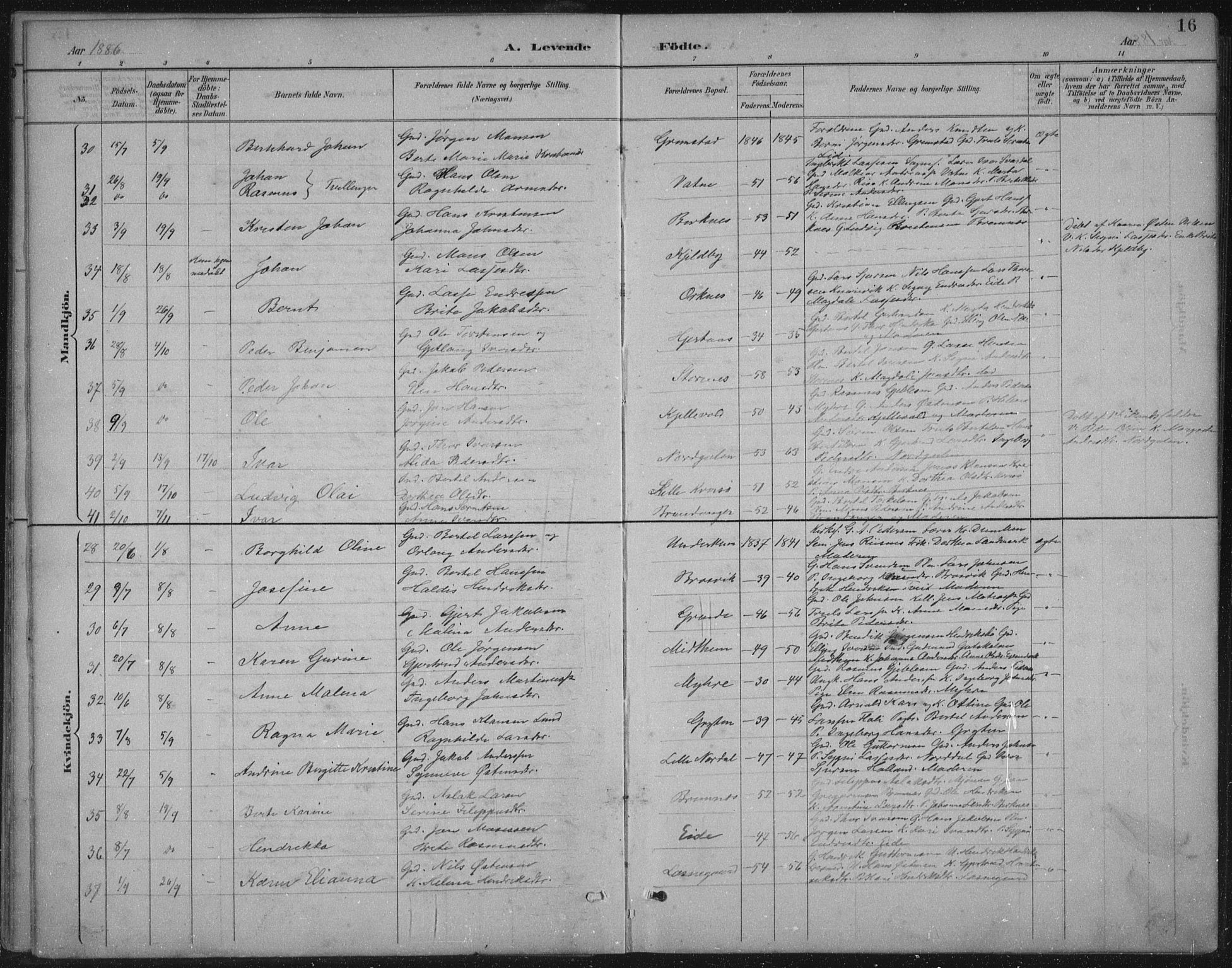 Gulen sokneprestembete, SAB/A-80201/H/Hab/Habb/L0003: Parish register (copy) no. B 3, 1884-1907, p. 16