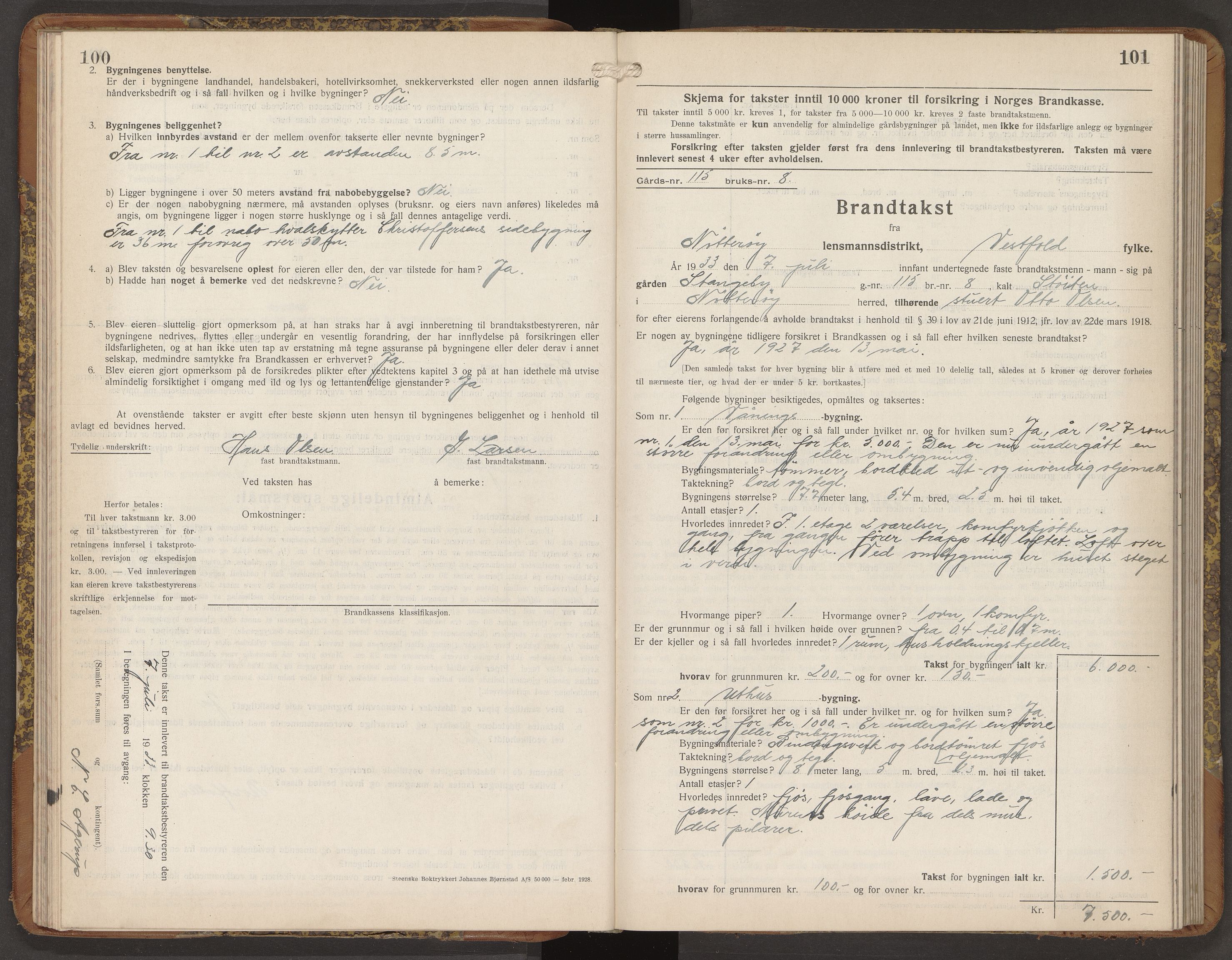 Nøtterøy lensmannskontor, AV/SAKO-A-540/Y/Yg/Ygb/L0009: Skjematakstprotokoll, 1932-1935, p. 100-101