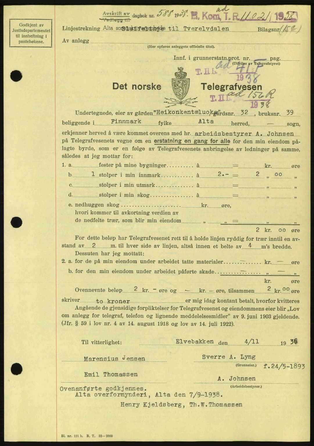 Alta fogderi/sorenskriveri, SATØ/SATØ-5/1/K/Kd/L0031pantebok: Mortgage book no. 31, 1938-1939, Diary no: : 588/1938