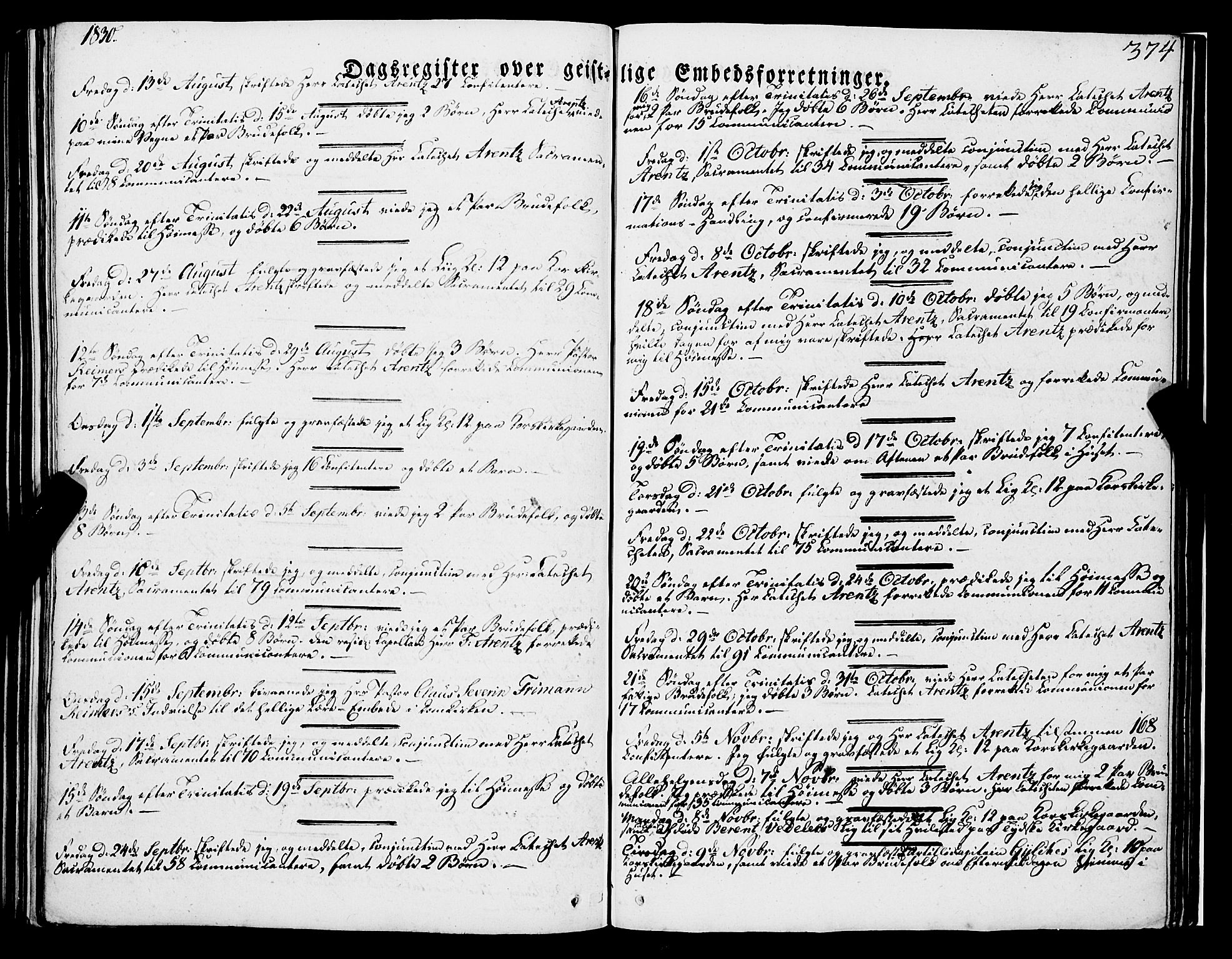 Korskirken sokneprestembete, AV/SAB-A-76101/H/Haa/L0050: Parish register (official) no. F 1, 1821-1869, p. 374