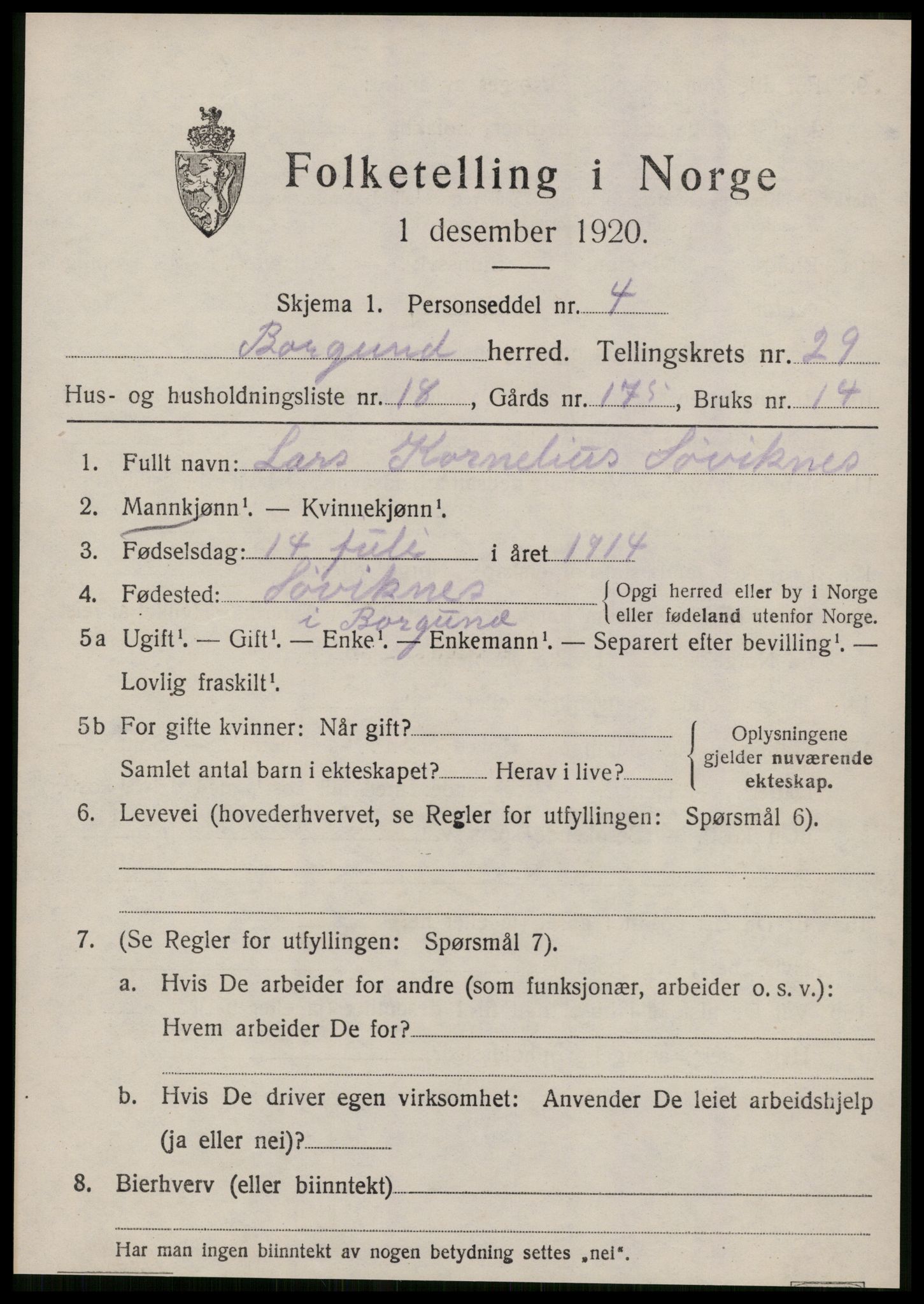 SAT, 1920 census for Borgund, 1920, p. 18864