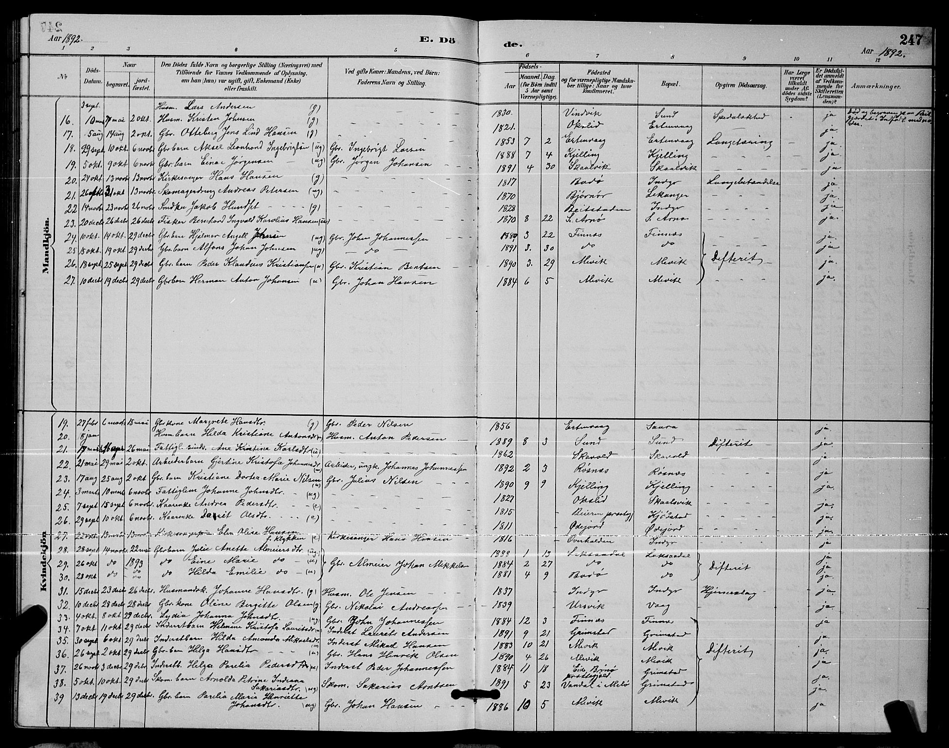 Ministerialprotokoller, klokkerbøker og fødselsregistre - Nordland, AV/SAT-A-1459/805/L0108: Parish register (copy) no. 805C04, 1885-1899, p. 247