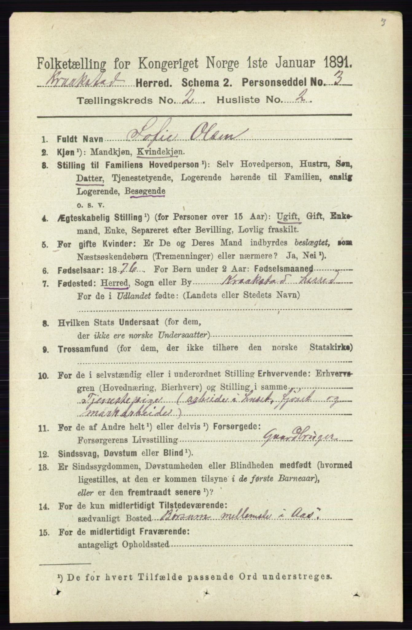 RA, 1891 census for 0212 Kråkstad, 1891, p. 752