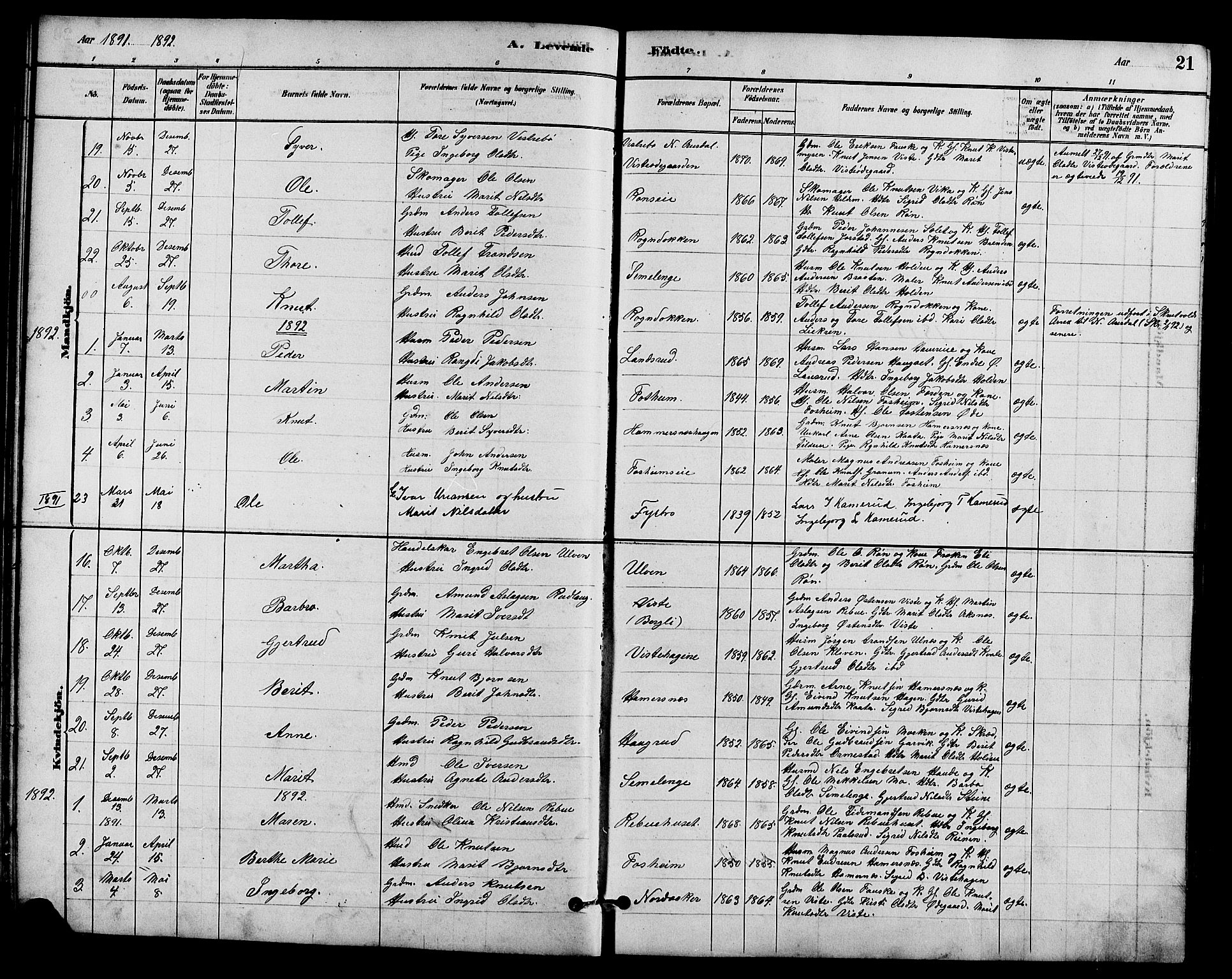 Vestre Slidre prestekontor, SAH/PREST-136/H/Ha/Hab/L0005: Parish register (copy) no. 5, 1881-1913, p. 21