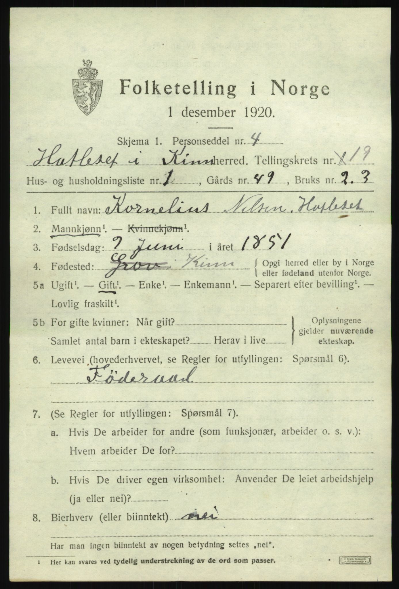 SAB, 1920 census for Kinn, 1920, p. 6997