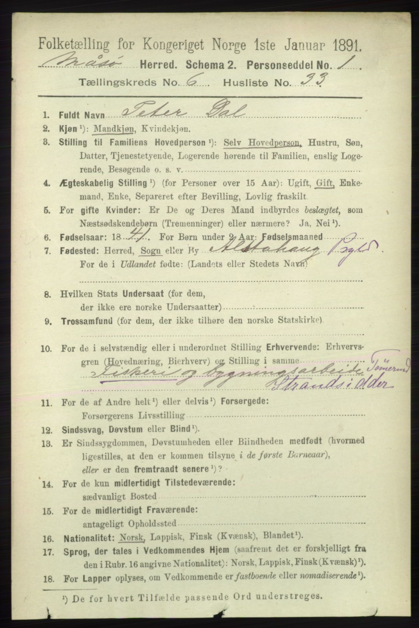 RA, 1891 census for 2018 Måsøy, 1891, p. 1315