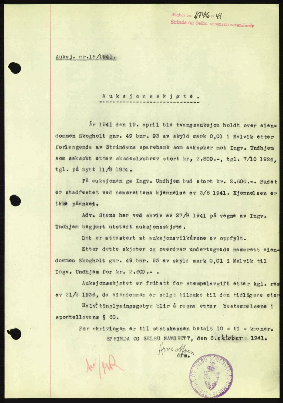 Strinda og Selbu sorenskriveri, AV/SAT-A-0015/2/2C: Mortgage book no. A6, 1941-1942, Diary no: : 2746/1941