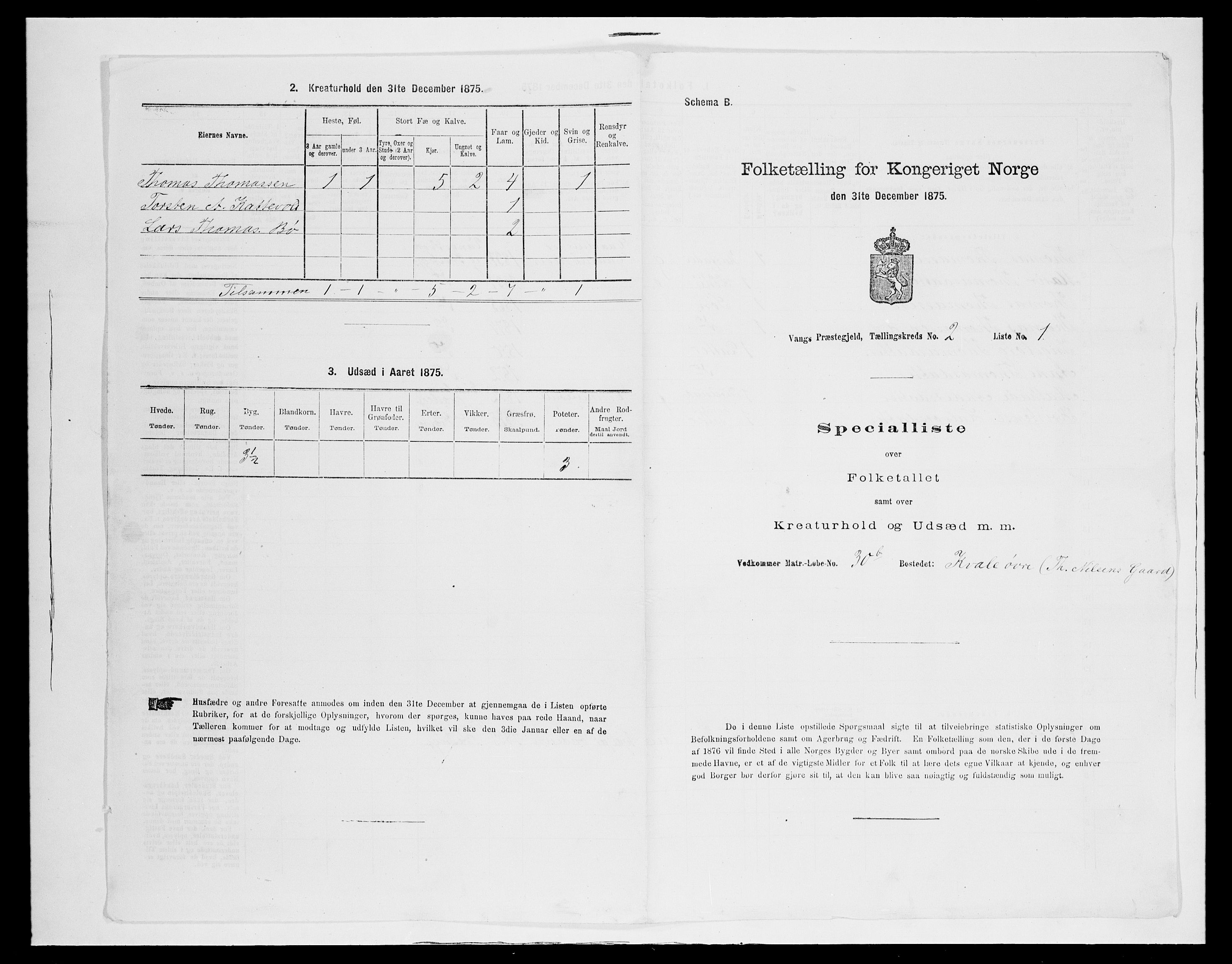 SAH, 1875 census for 0545P Vang, 1875, p. 167