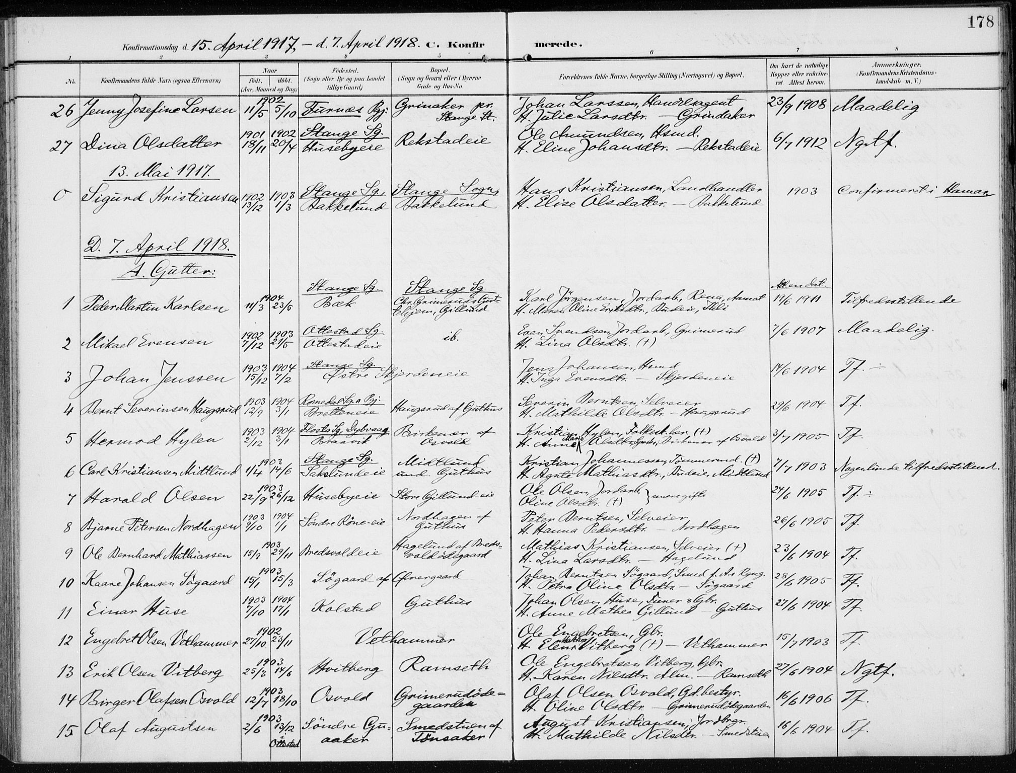 Stange prestekontor, SAH/PREST-002/K/L0024: Parish register (official) no. 24, 1906-1922, p. 178