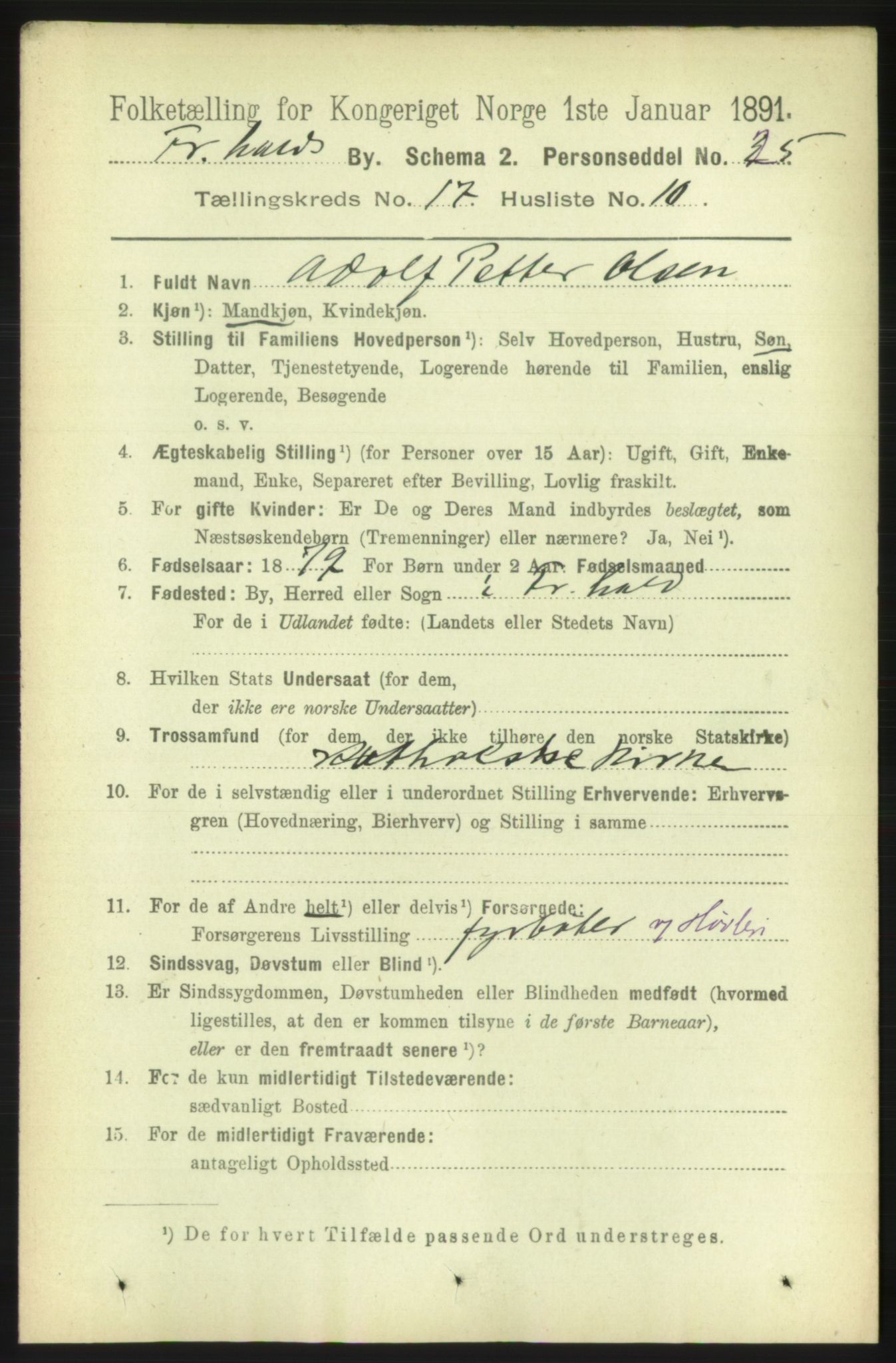 RA, 1891 census for 0101 Fredrikshald, 1891, p. 11020