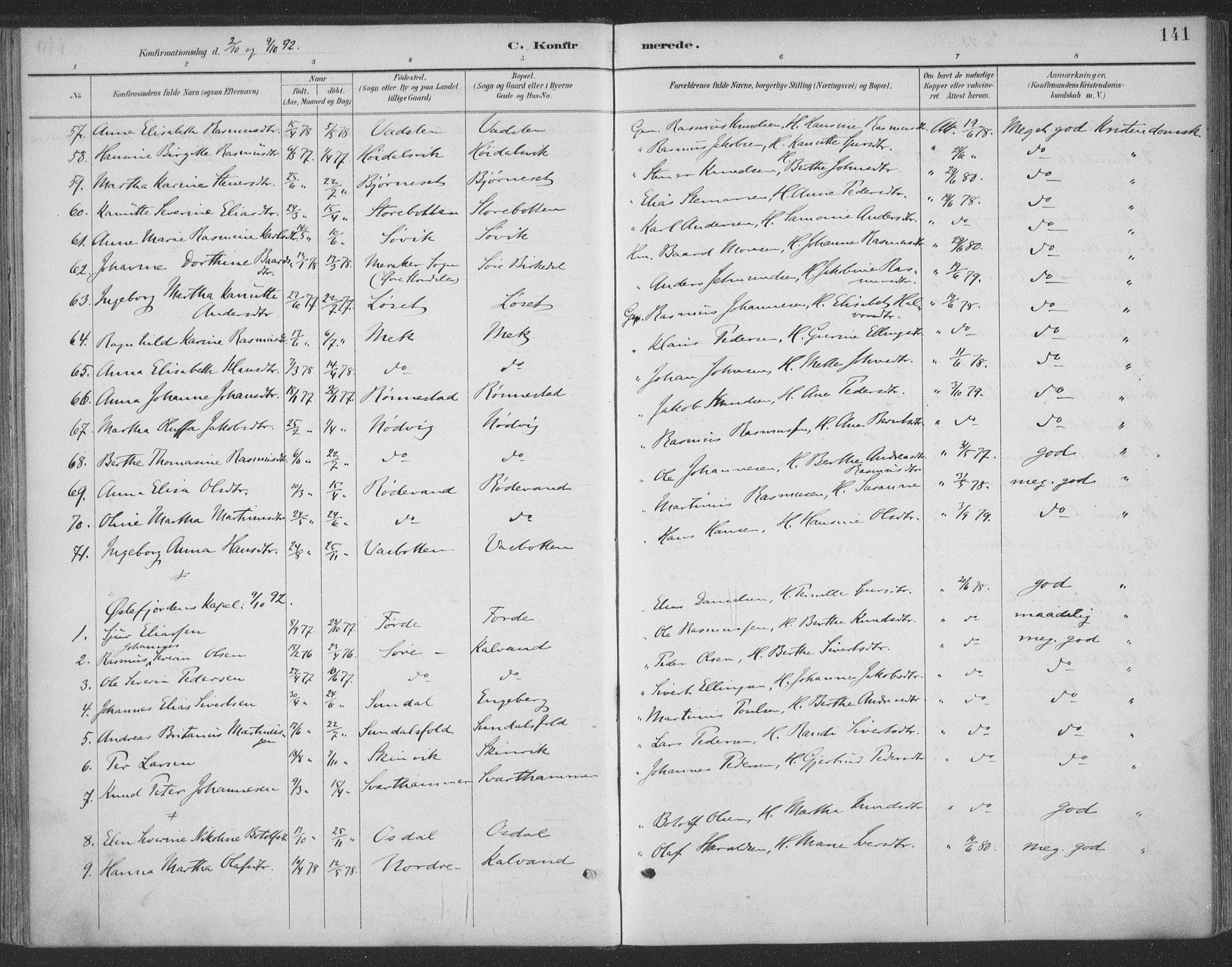 Ministerialprotokoller, klokkerbøker og fødselsregistre - Møre og Romsdal, AV/SAT-A-1454/511/L0142: Parish register (official) no. 511A09, 1891-1905, p. 141