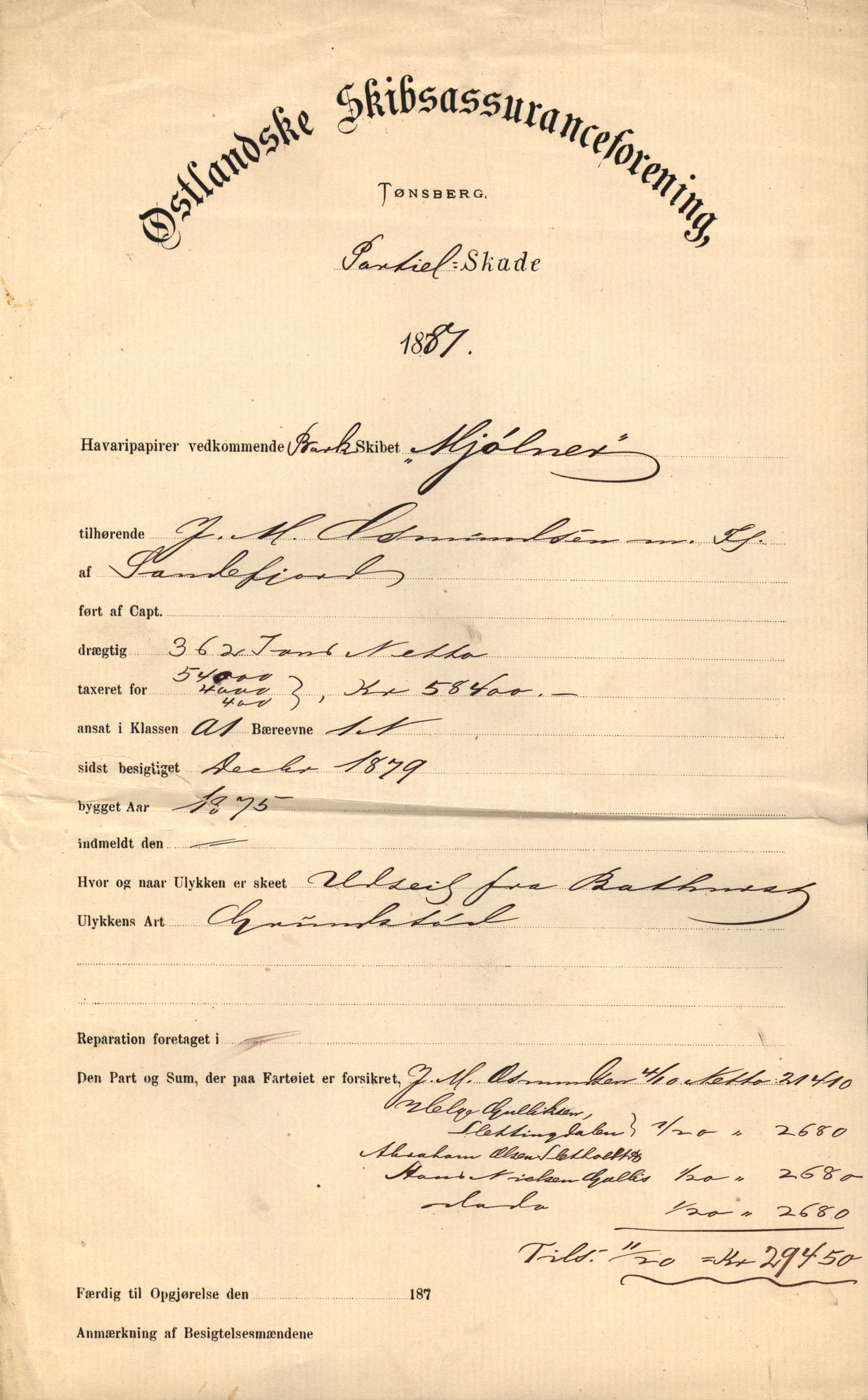 Pa 63 - Østlandske skibsassuranceforening, VEMU/A-1079/G/Ga/L0014/0002: Havaridokumenter / Mjølner, Minerva, Mandarin, Mexico, 1881, p. 1