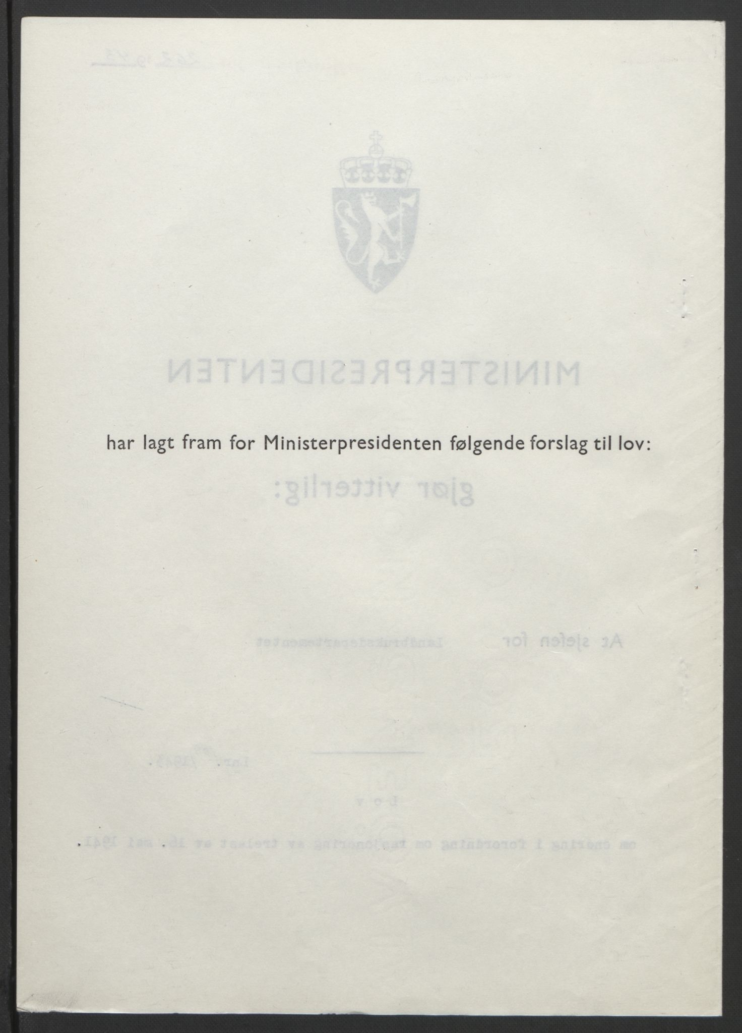 NS-administrasjonen 1940-1945 (Statsrådsekretariatet, de kommisariske statsråder mm), AV/RA-S-4279/D/Db/L0099: Lover, 1943, p. 510