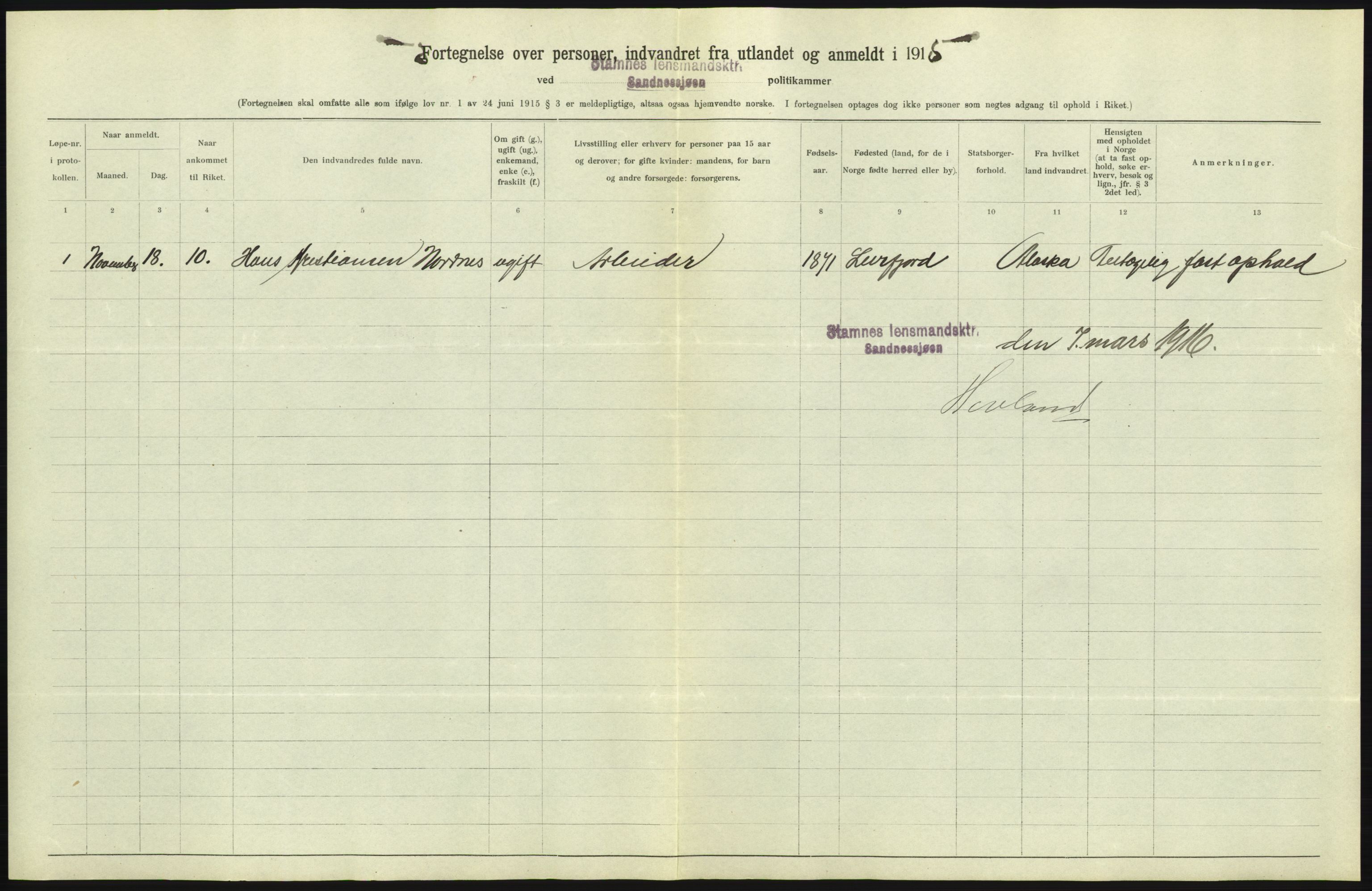 Statistisk sentralbyrå, Sosioøkonomiske emner, Folketellinger, boliger og boforhold, AV/RA-S-2231/F/Fa/L0001: Innvandring. Navn/fylkesvis, 1915, p. 534