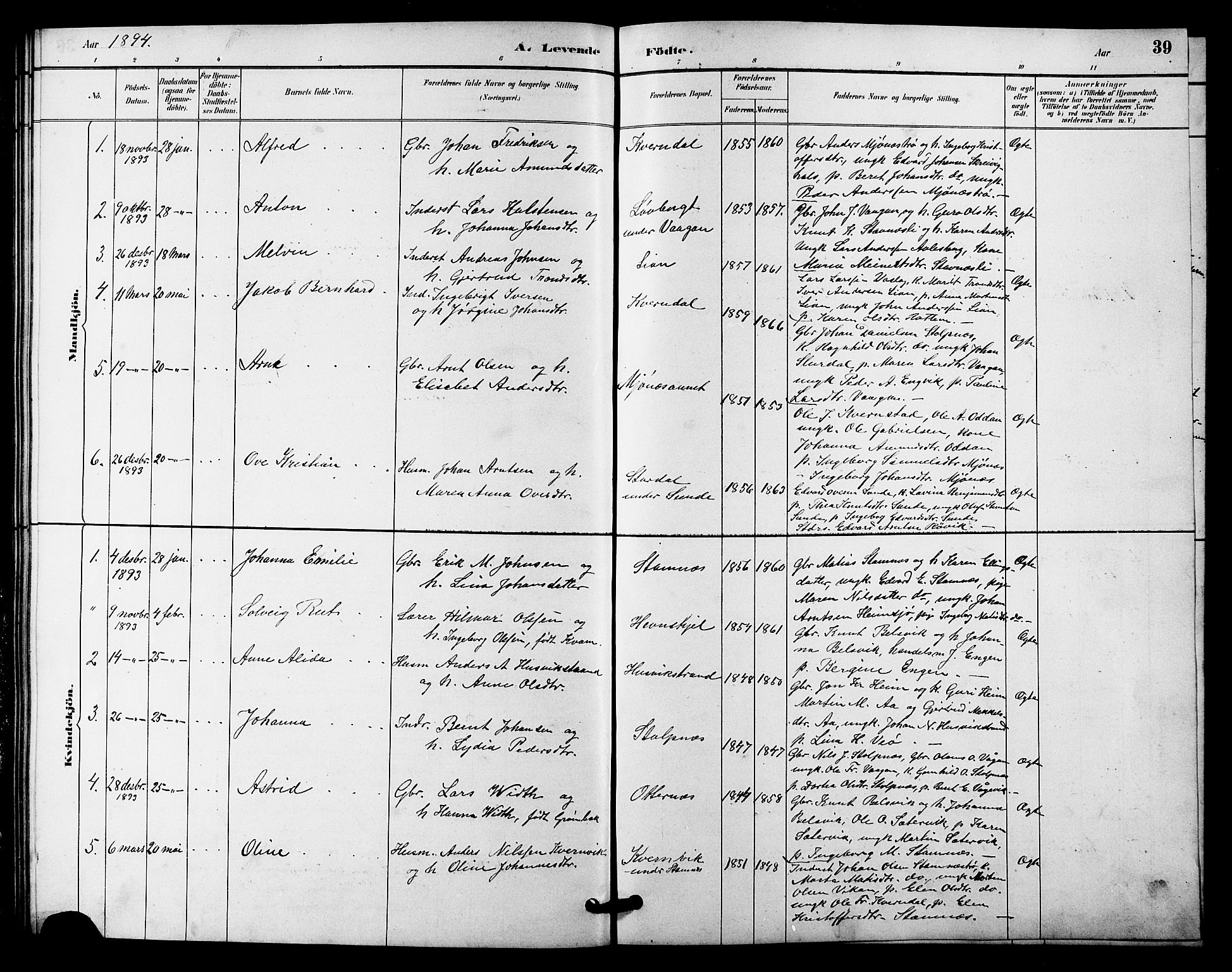 Ministerialprotokoller, klokkerbøker og fødselsregistre - Sør-Trøndelag, AV/SAT-A-1456/633/L0519: Parish register (copy) no. 633C01, 1884-1905, p. 39